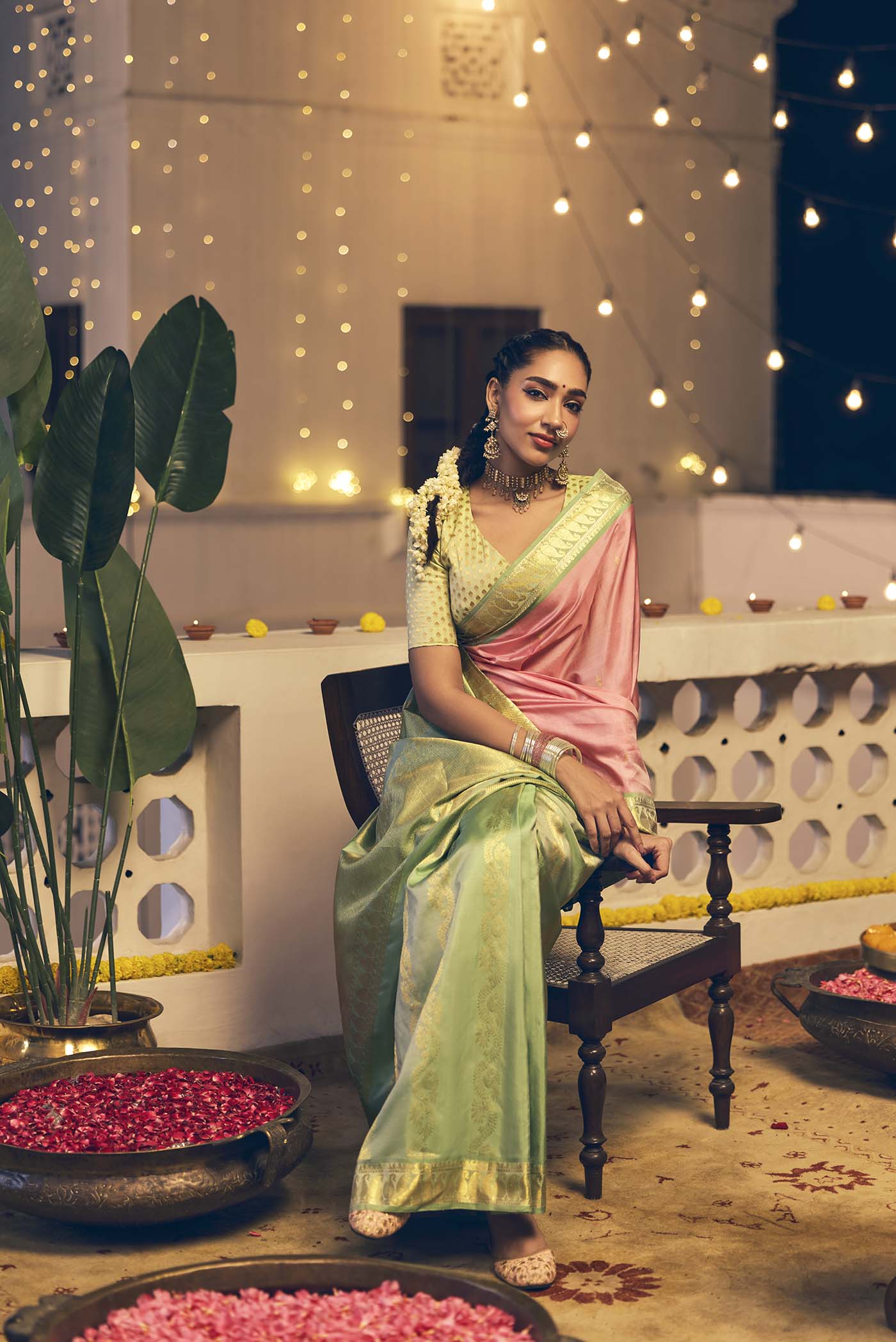 Aabha-Pink with Green Half and Half Kanchipuram Silk Saree