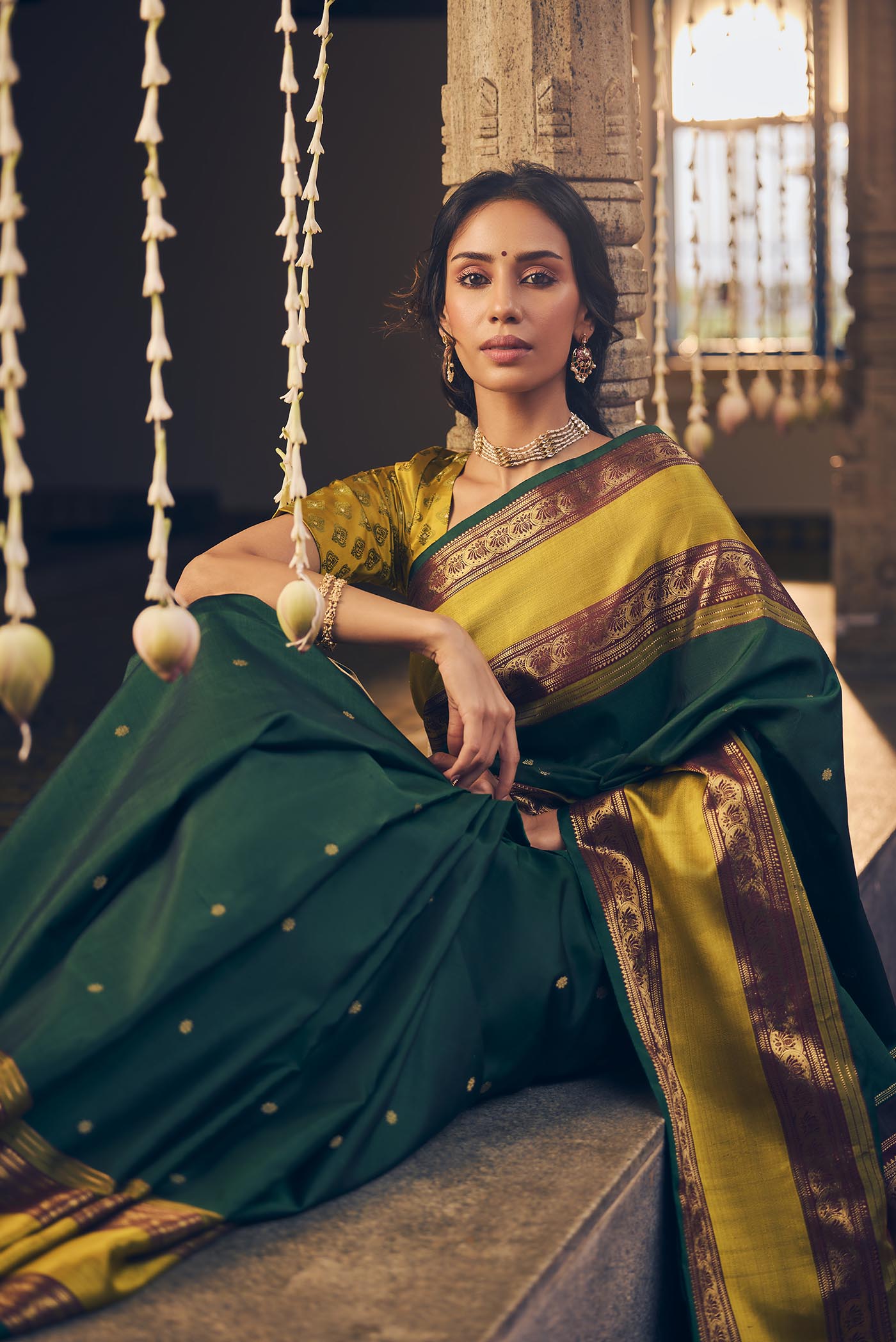 nalli silk dress material Tamira-Pure Silk Pure Gold Zari Green Kanchipuram Saree