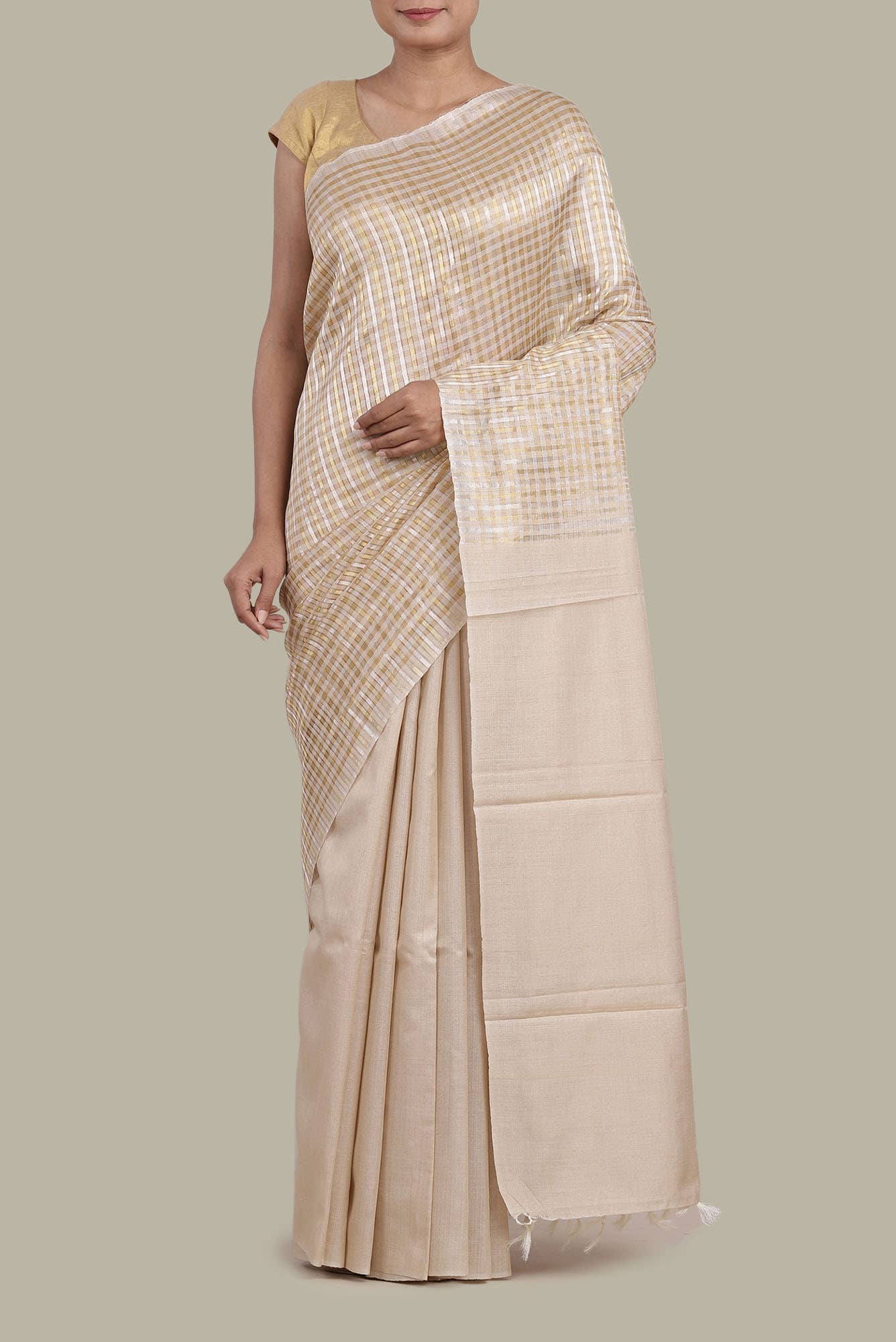 Beige Bhagalpuri Tussar Silk Saree