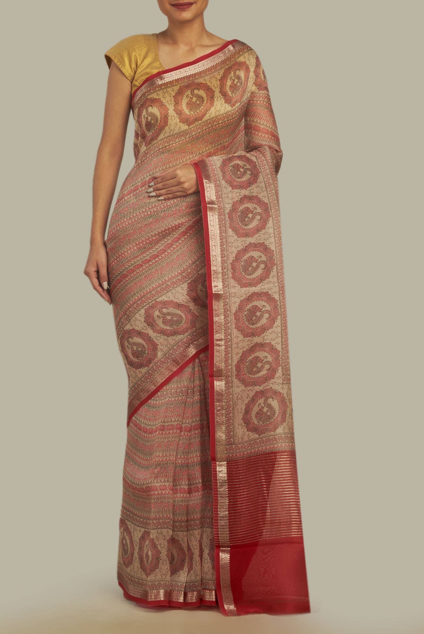 Beige Organza Silk Saree