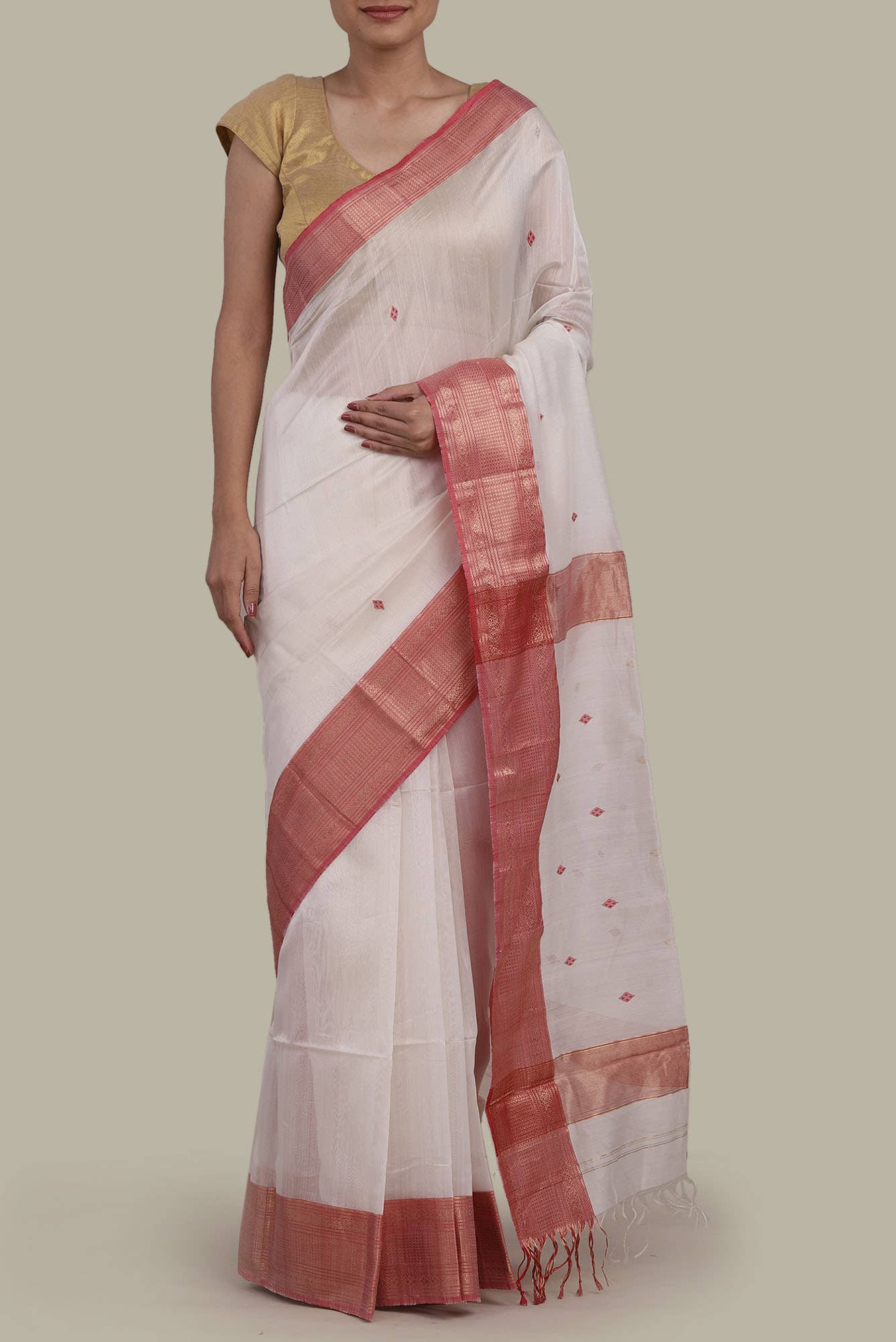 White Maheshwari Silk Cotton Saree