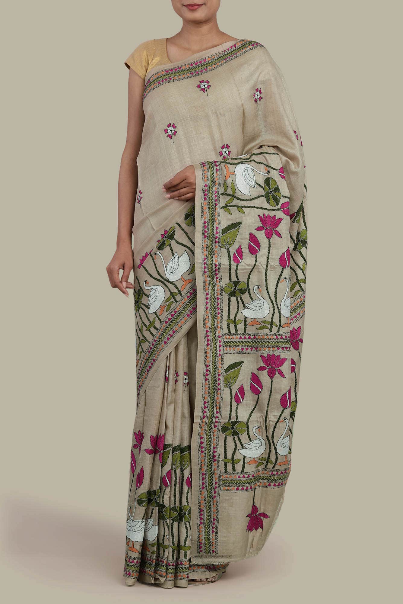 Beige Tussar Silk Saree