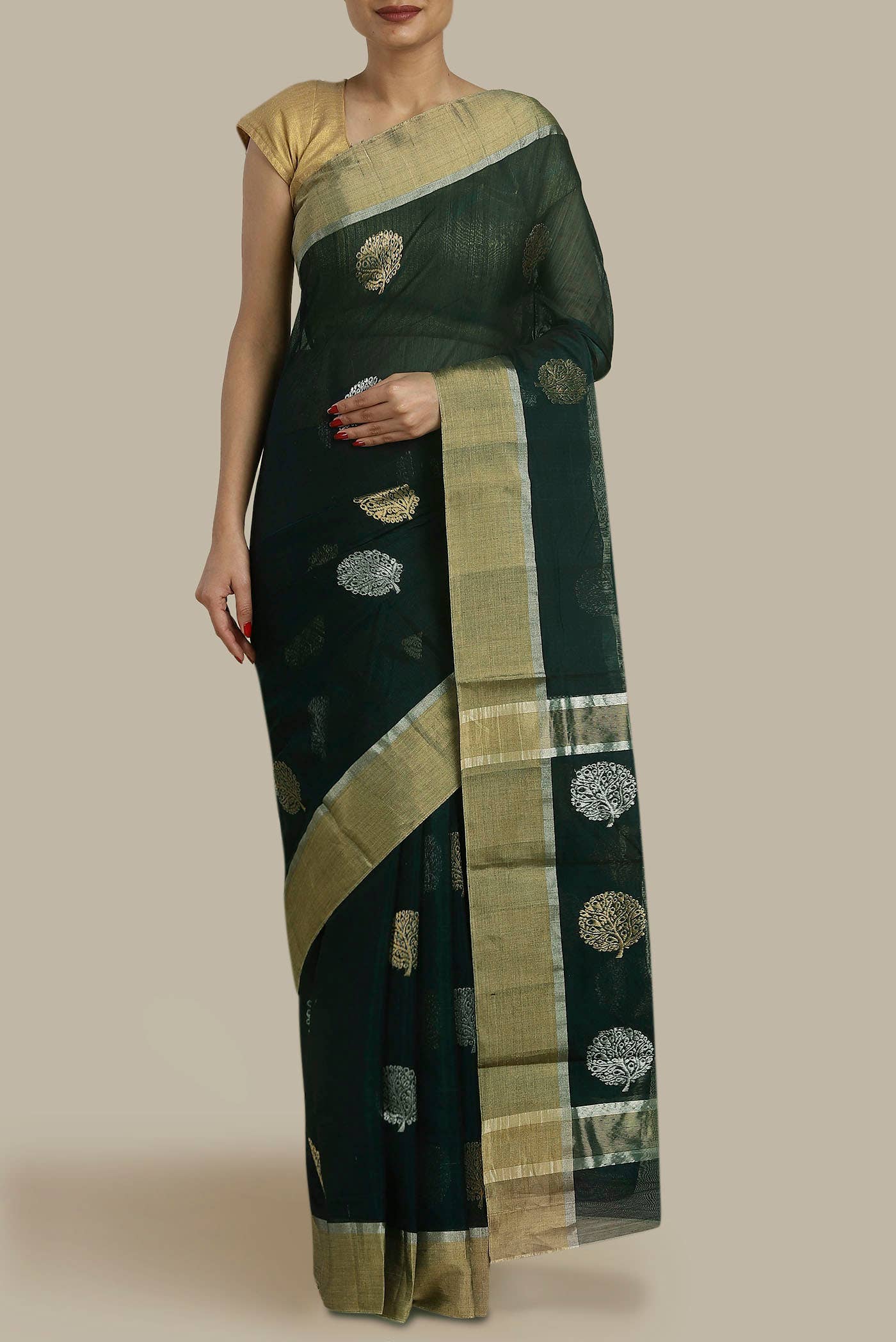 Bottle Green Chanderi Silk Cotton Saree