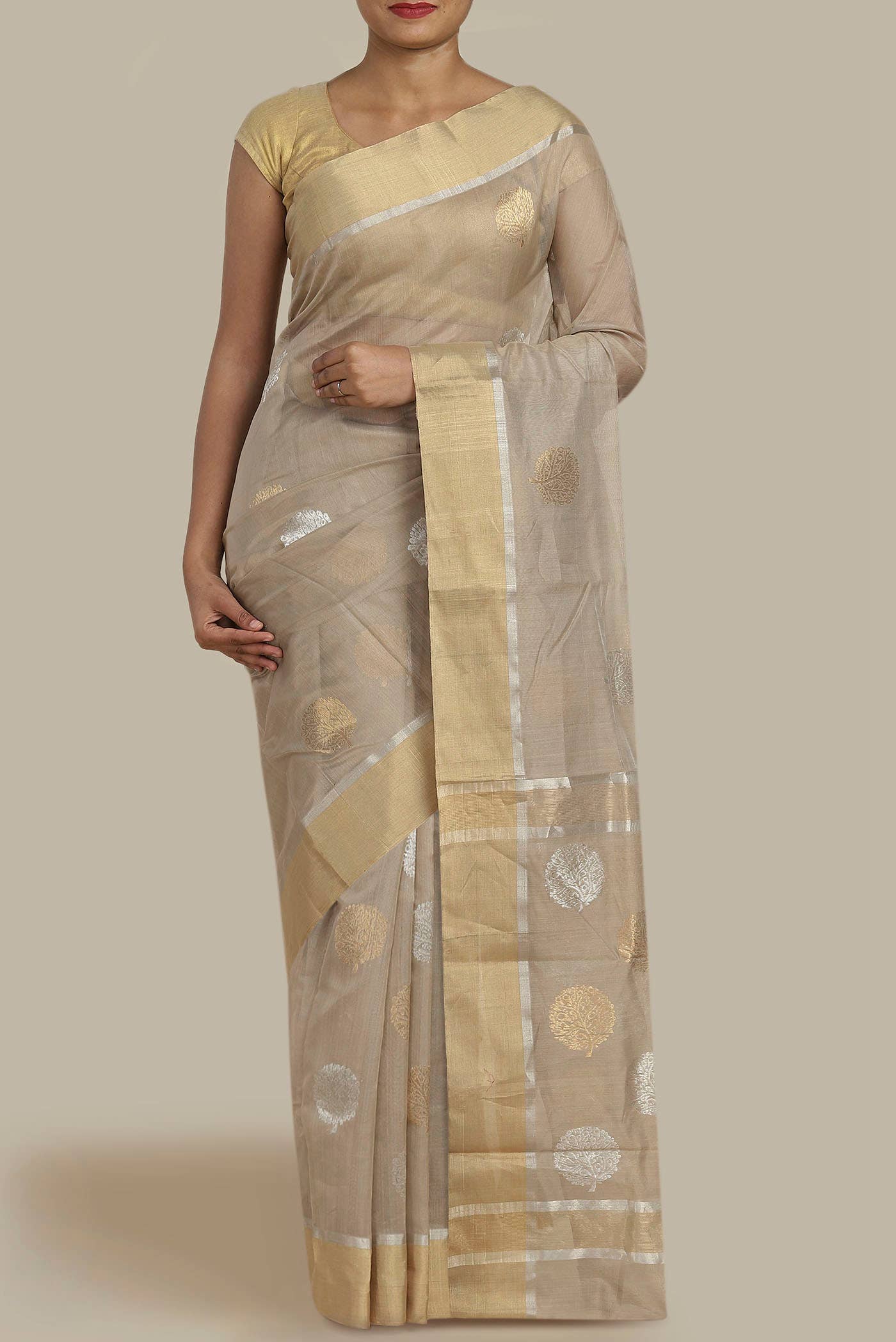 Beige Chanderi Silk Cotton Saree