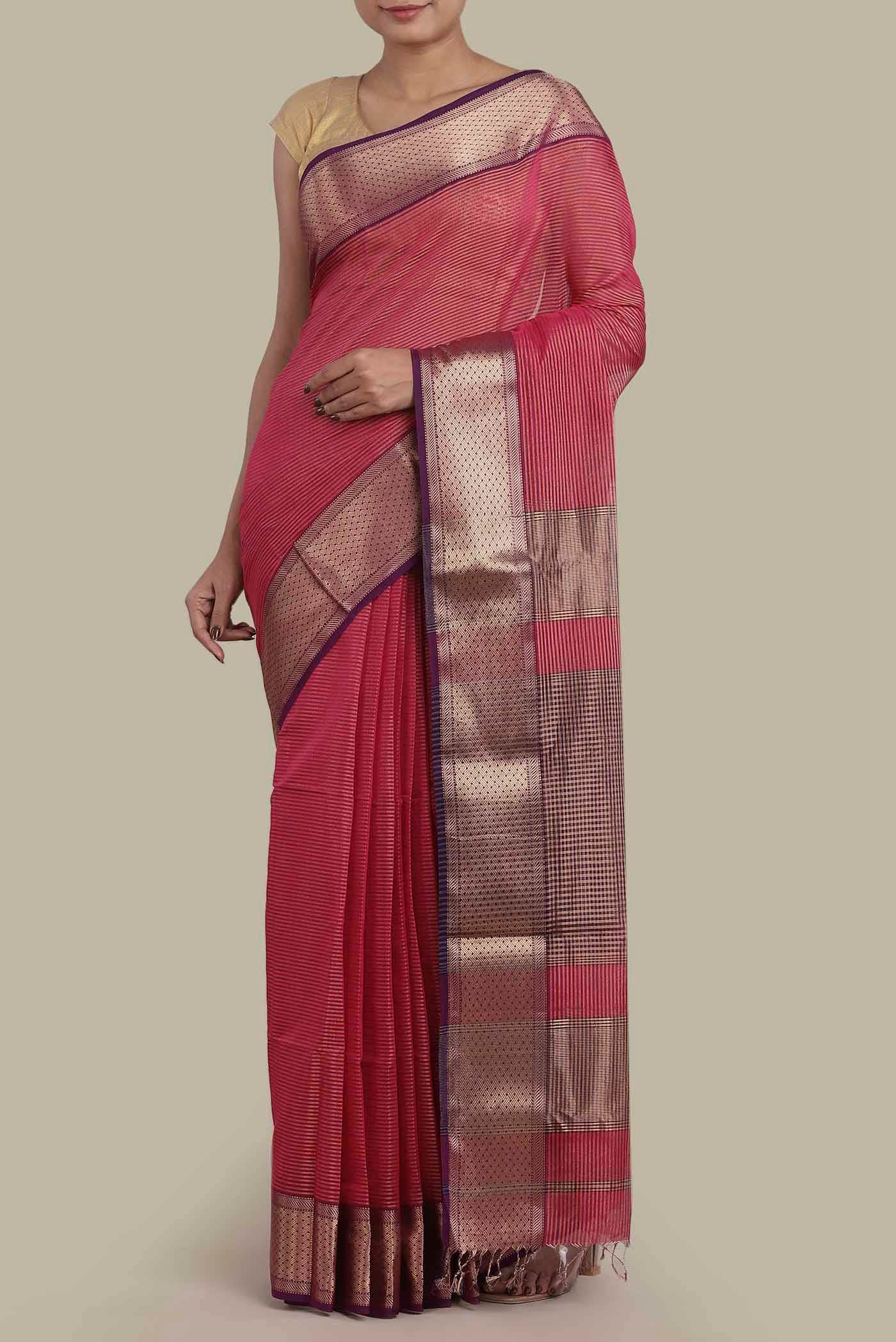 Coral Maheshwari Silk Cotton Saree