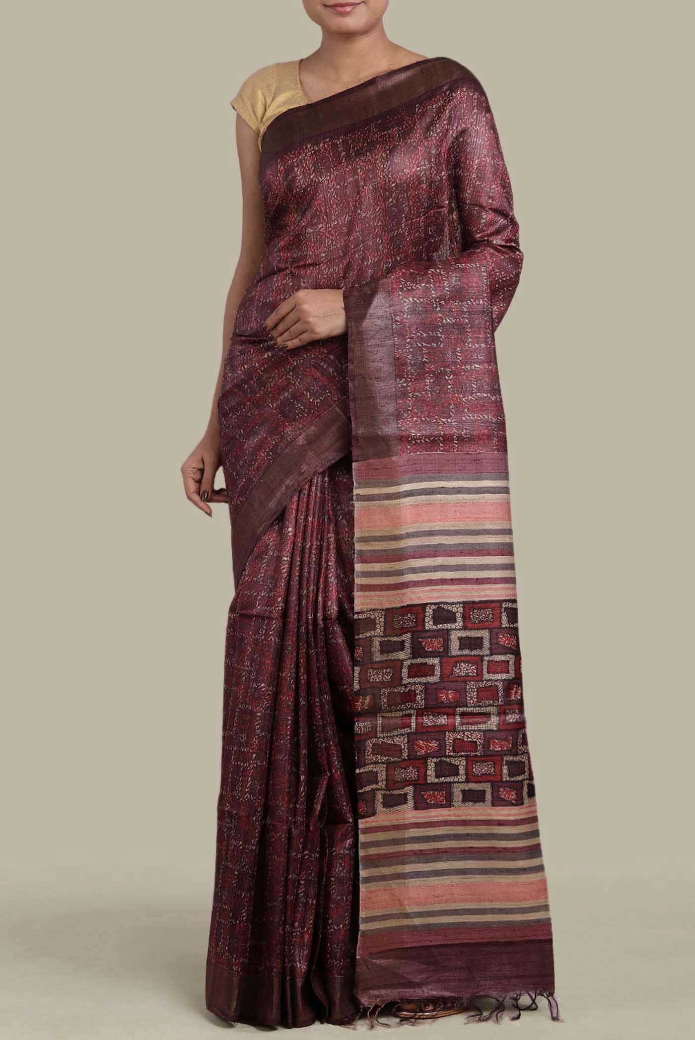 Brown Bhagalpuri Tussar Silk Saree