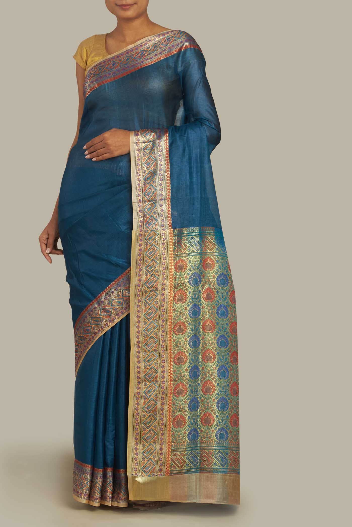 Blue Banarasi Tussar Silk Saree
