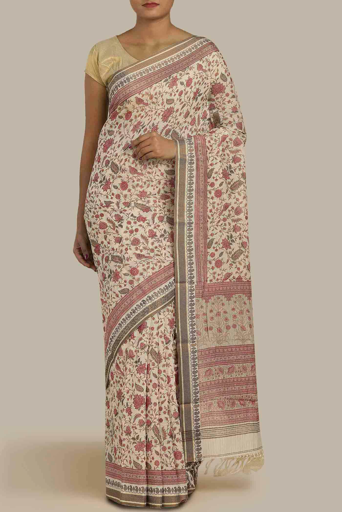 Beige Tussar Silk Saree