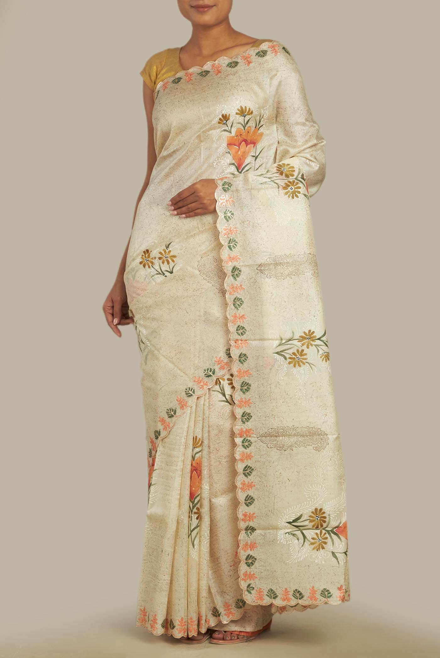 Cream Tussar Silk Saree