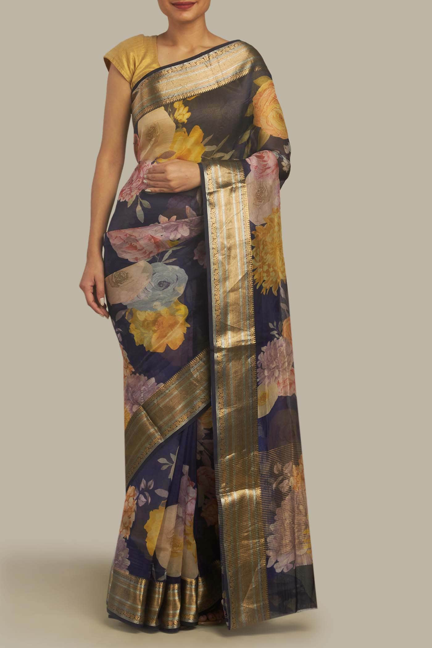 Navy Blue Organza Silk Saree