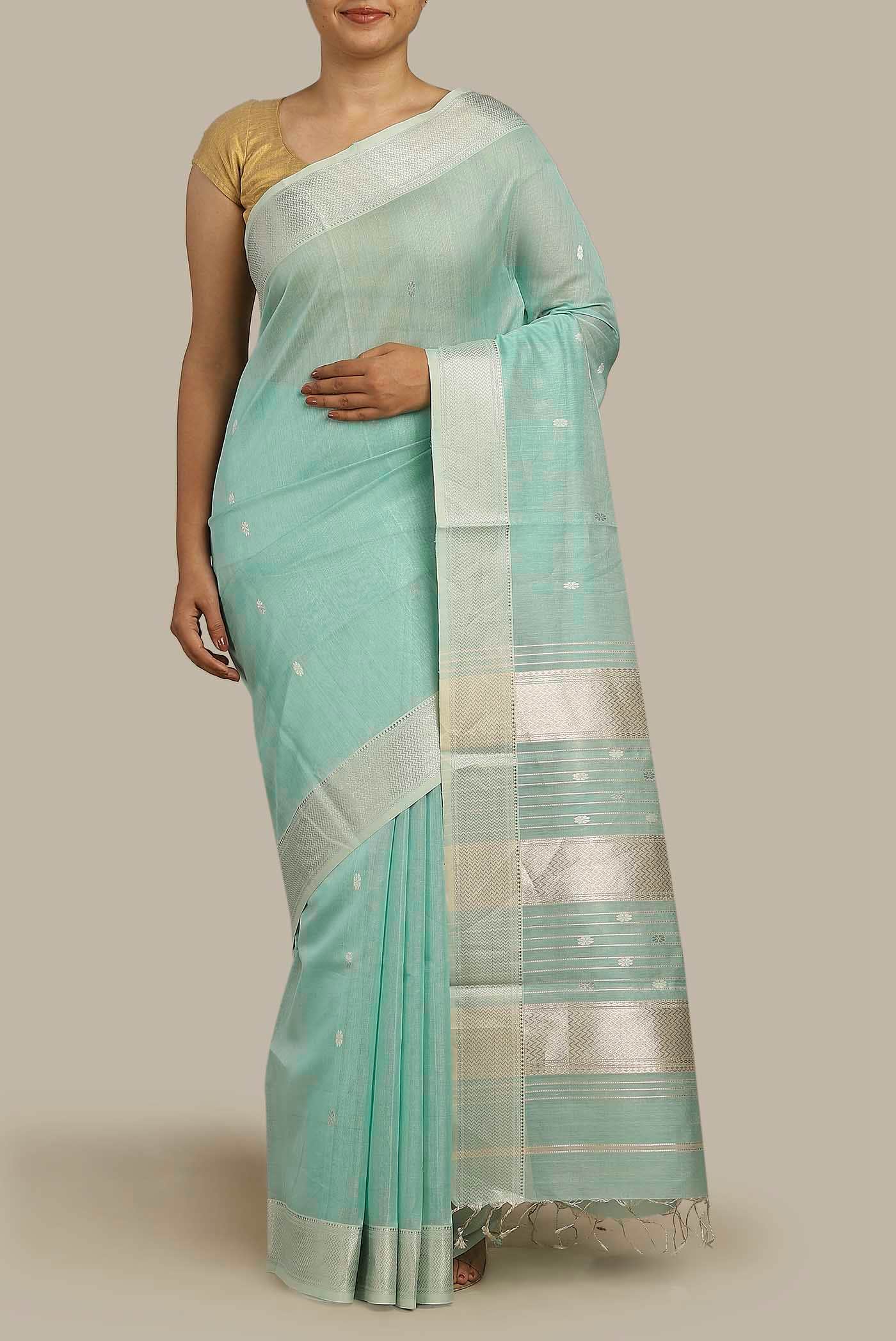 Light Blue Maheshwari Silk Cotton Saree