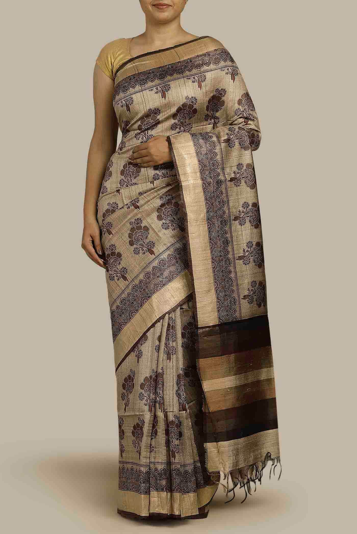 Beige Bhagalpuri Tussar Silk Saree
