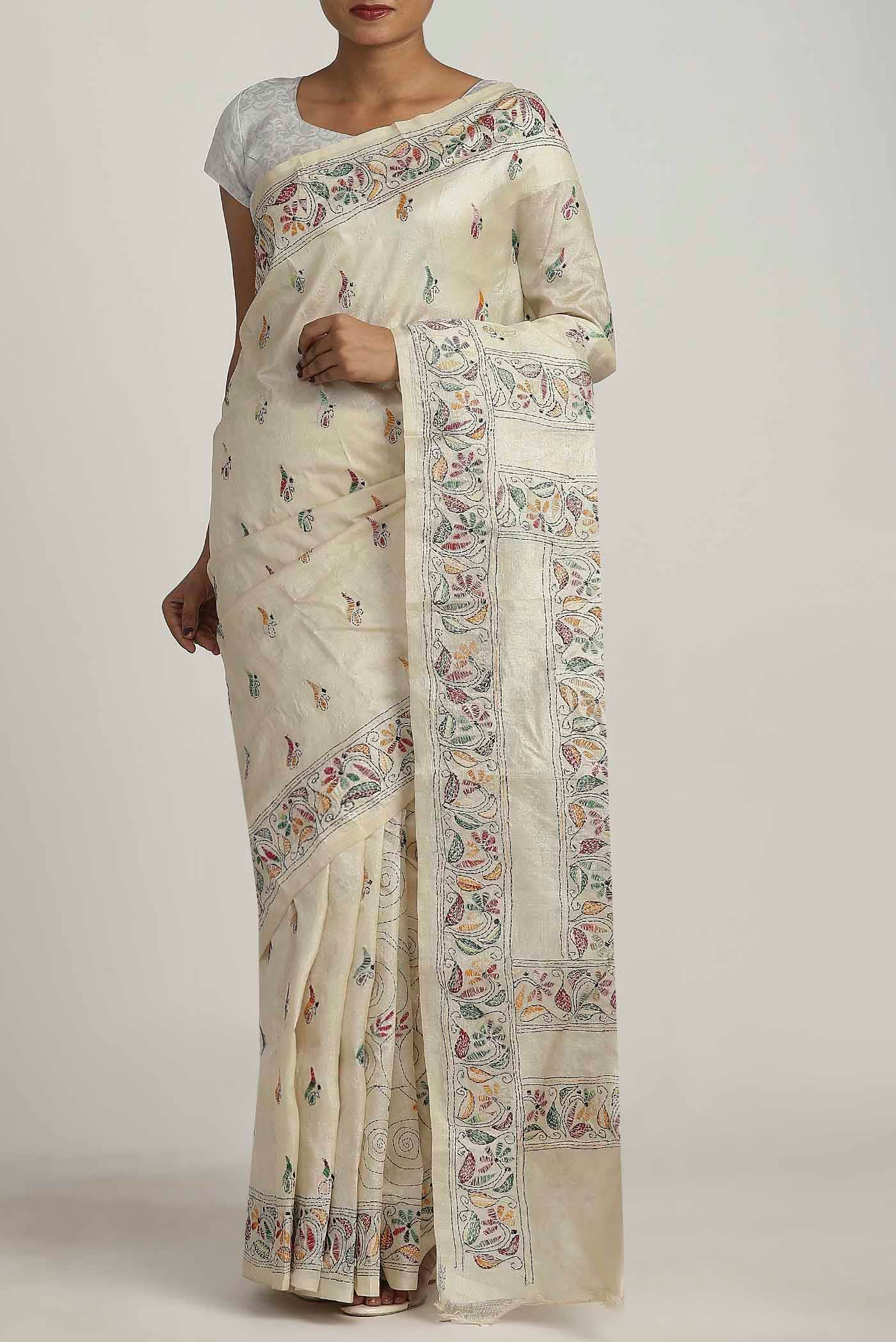Cream Tussar Silk Saree
