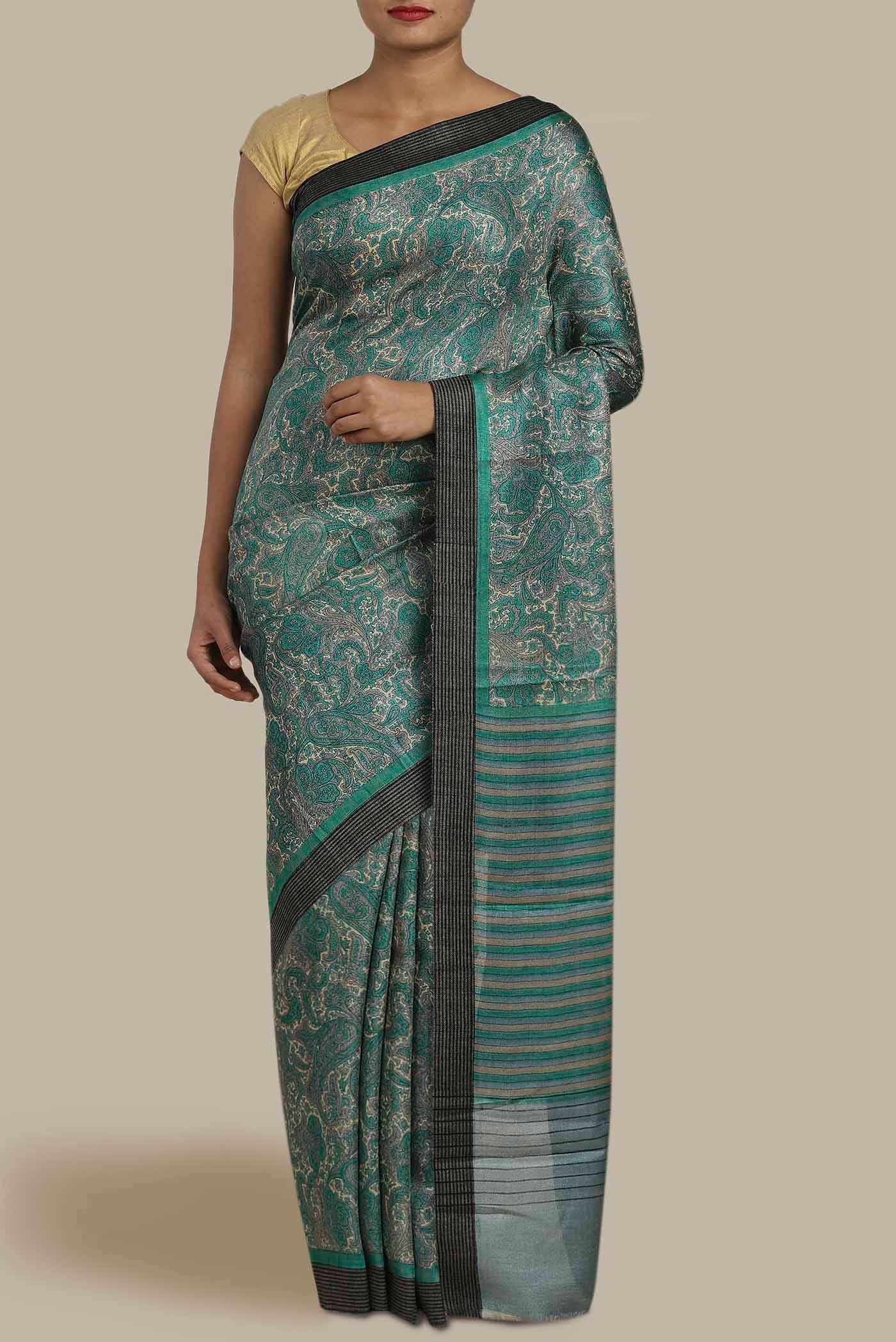 Turquoise Pashmina Silk Saree