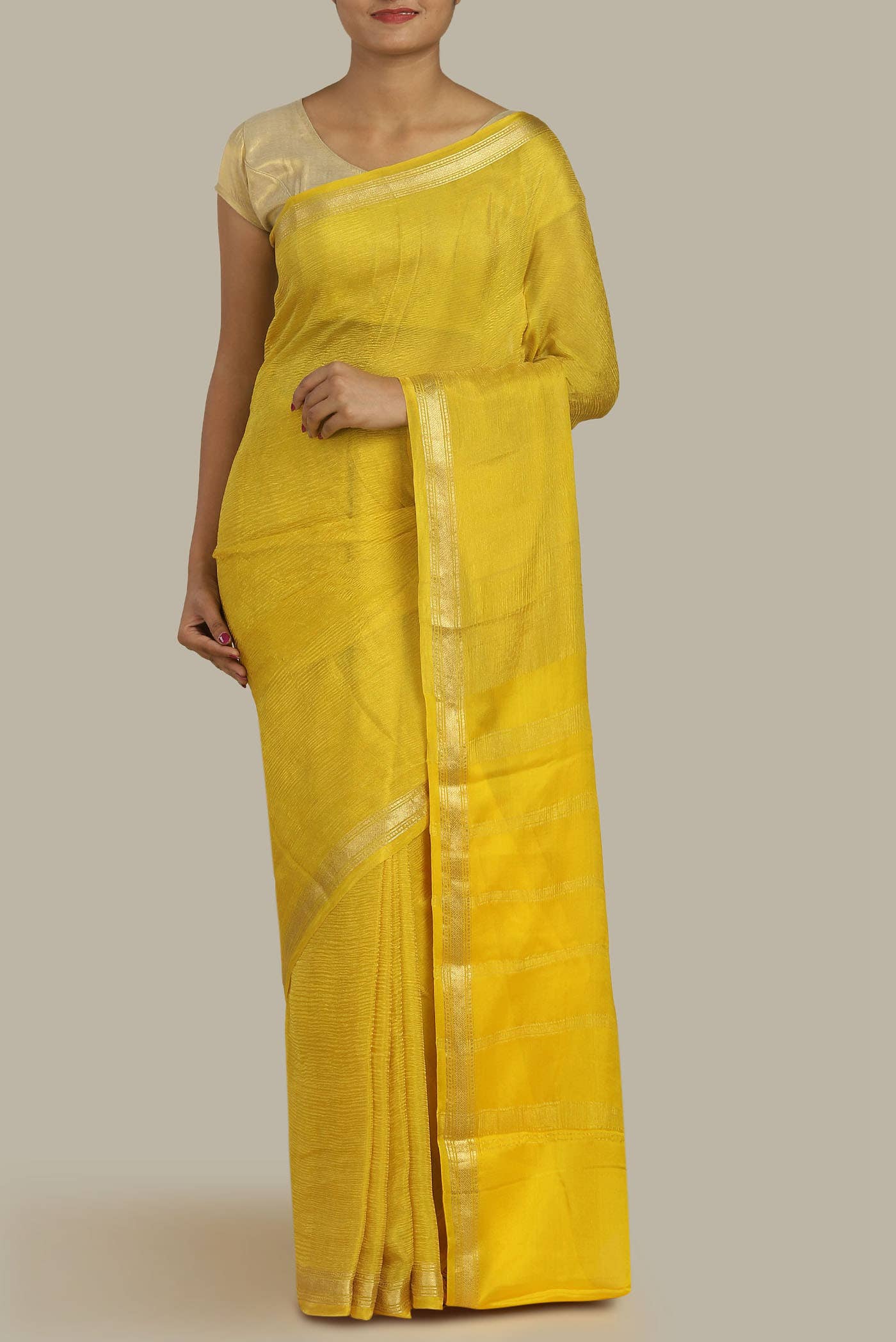 Yellow Mysore Crepe Saree