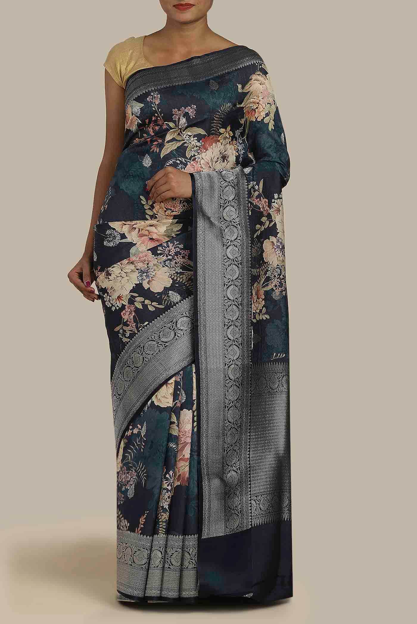 Navy Blue Bhagalpuri Tussar Silk Saree