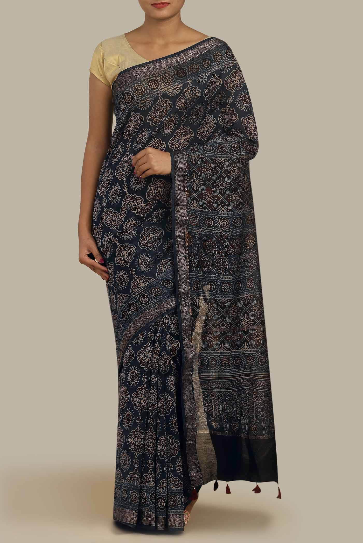 Indigo Maheshwari Silk Cotton Saree
