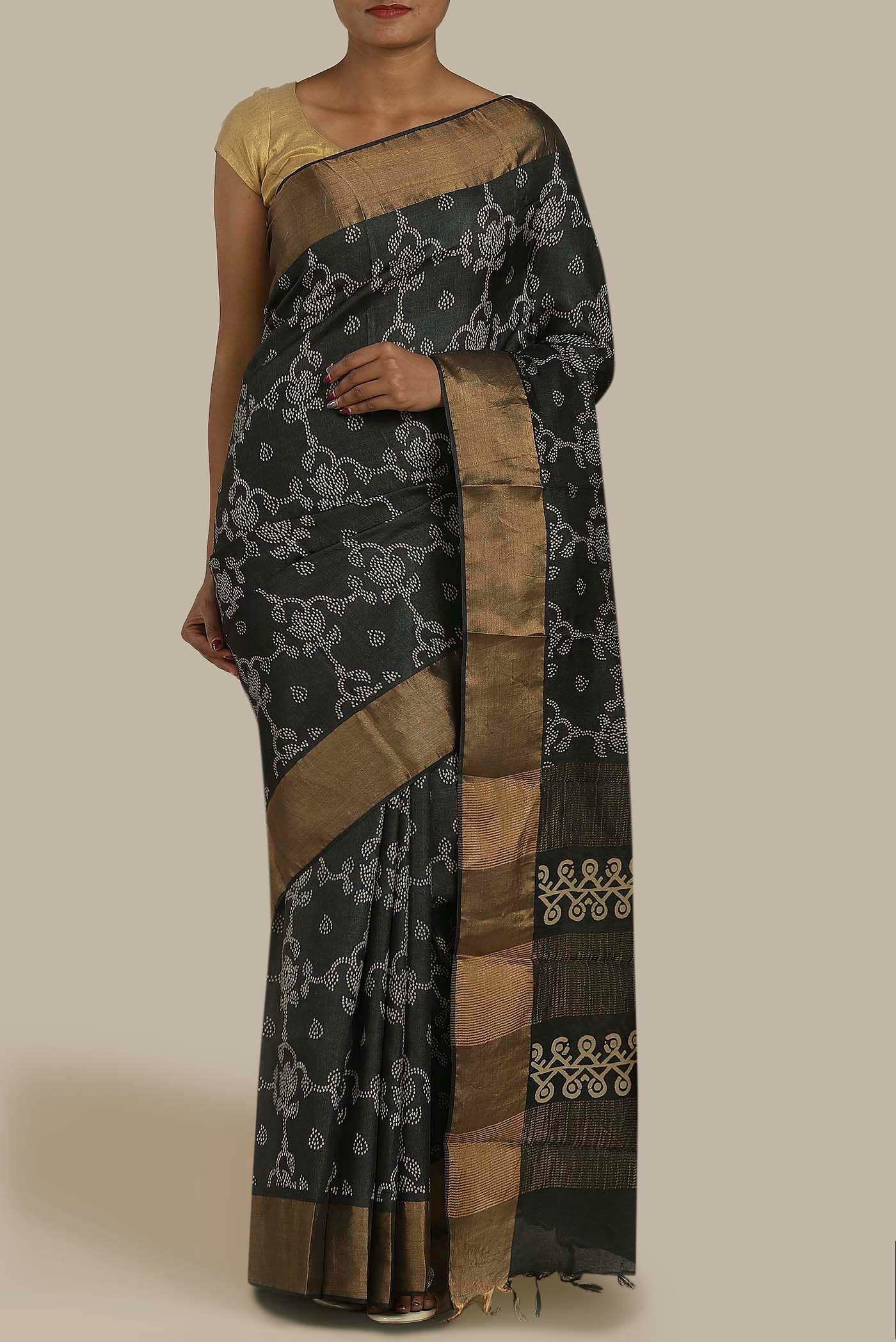 Black Banarasi Tussar Silk Saree