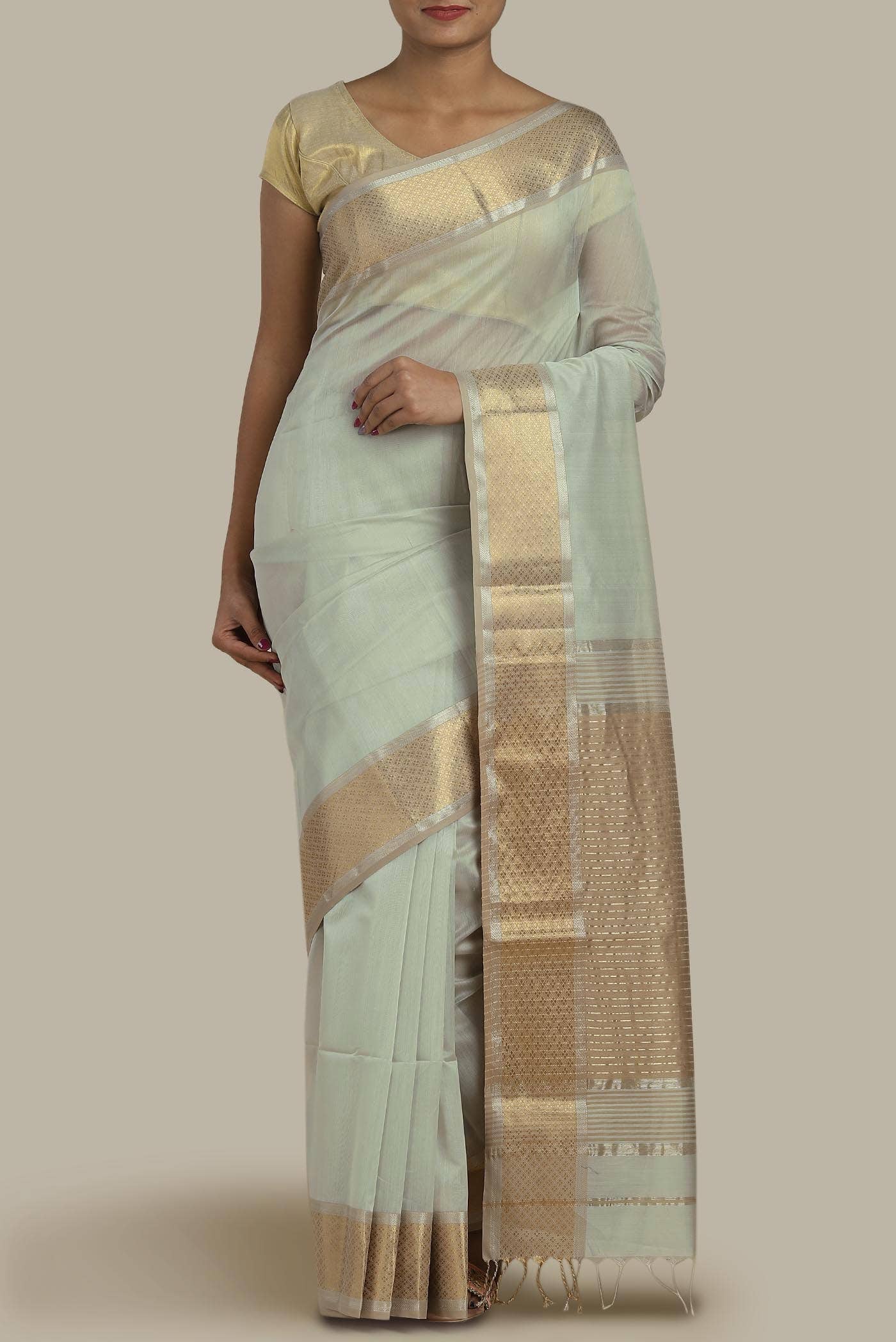 Light Green Maheshwari Silk Cotton Saree