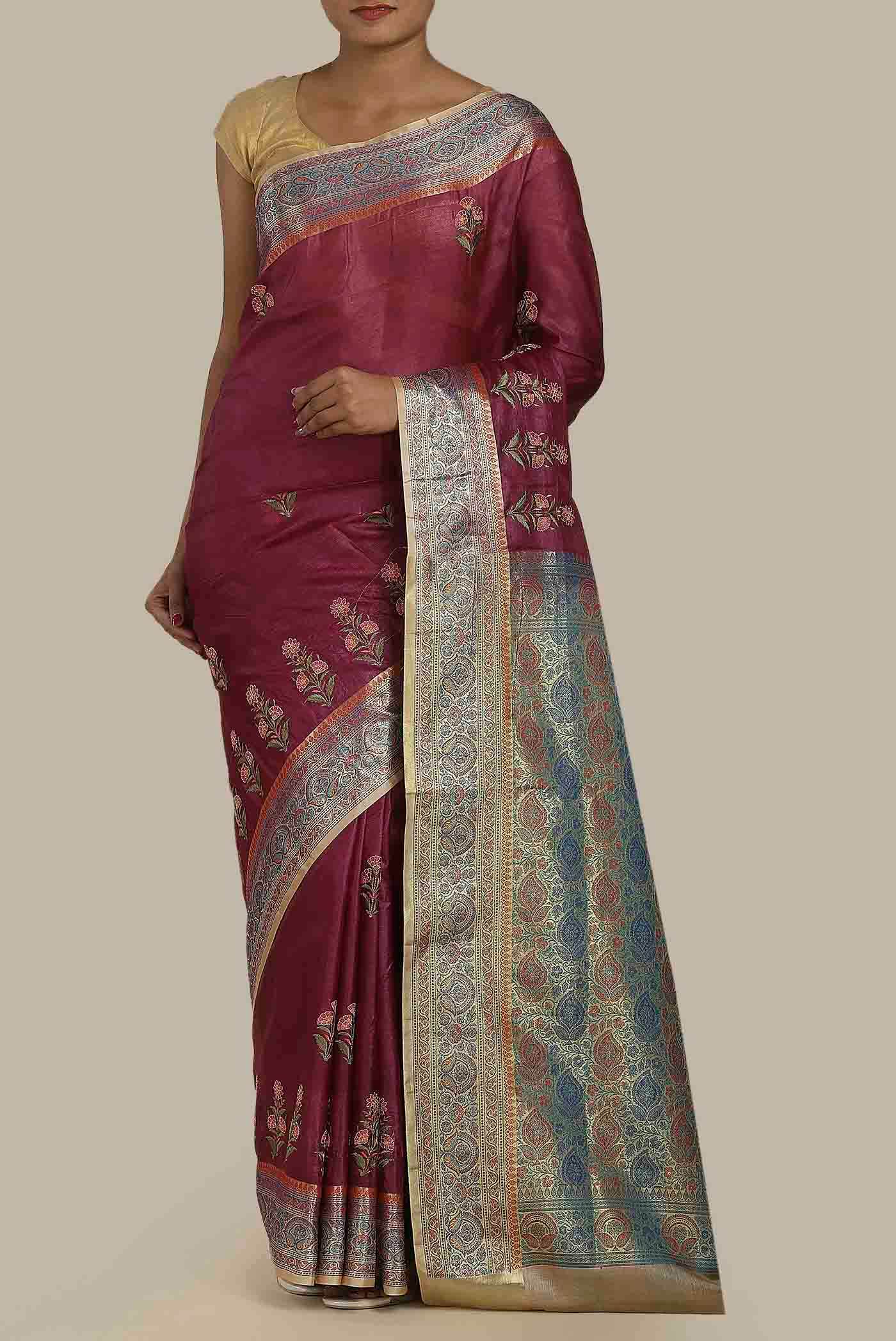 Maroon Banarasi Tussar Silk Saree
