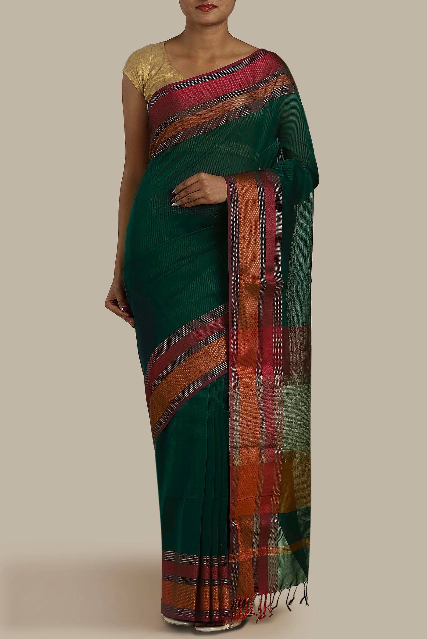 Green Maheshwari Silk Cotton Saree