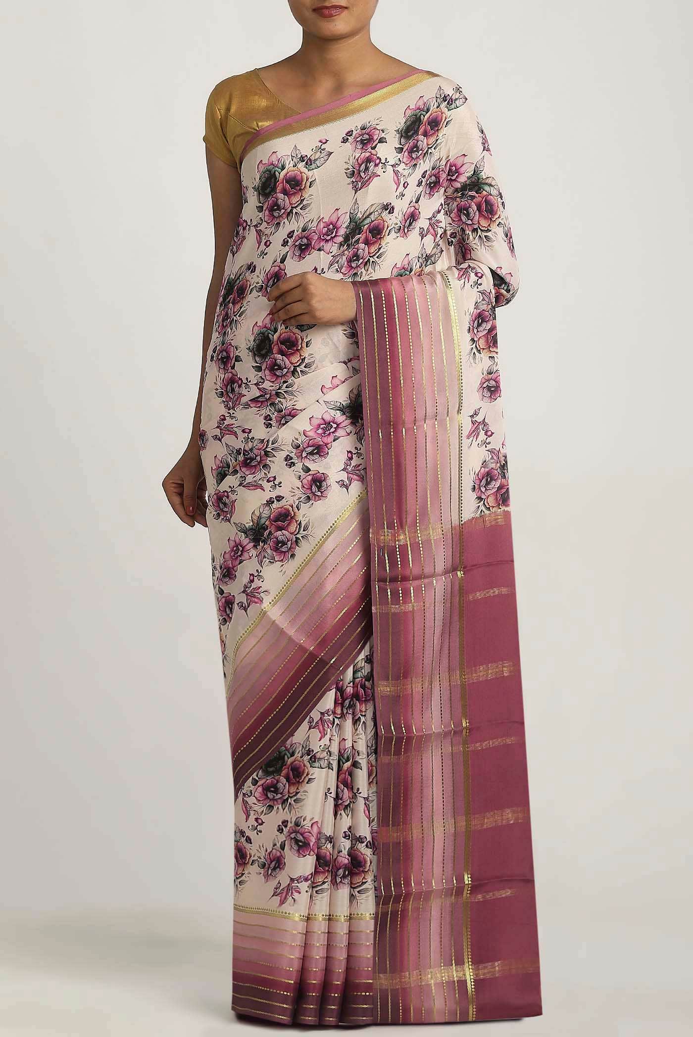 Beige Mysore Crepe Saree