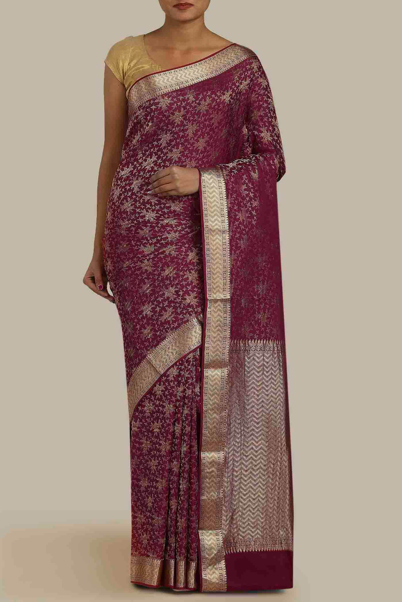 Maroon Mysore Crepe Saree