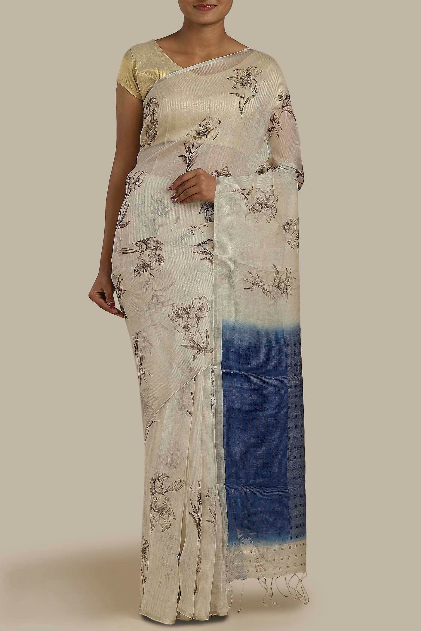 Cream Tussar Silk Saree