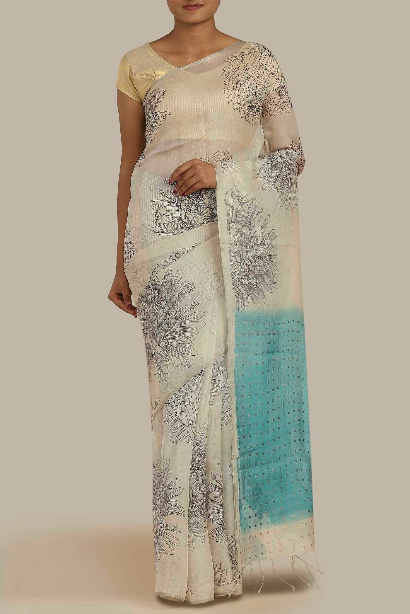 Cream Tussar Silk Saree