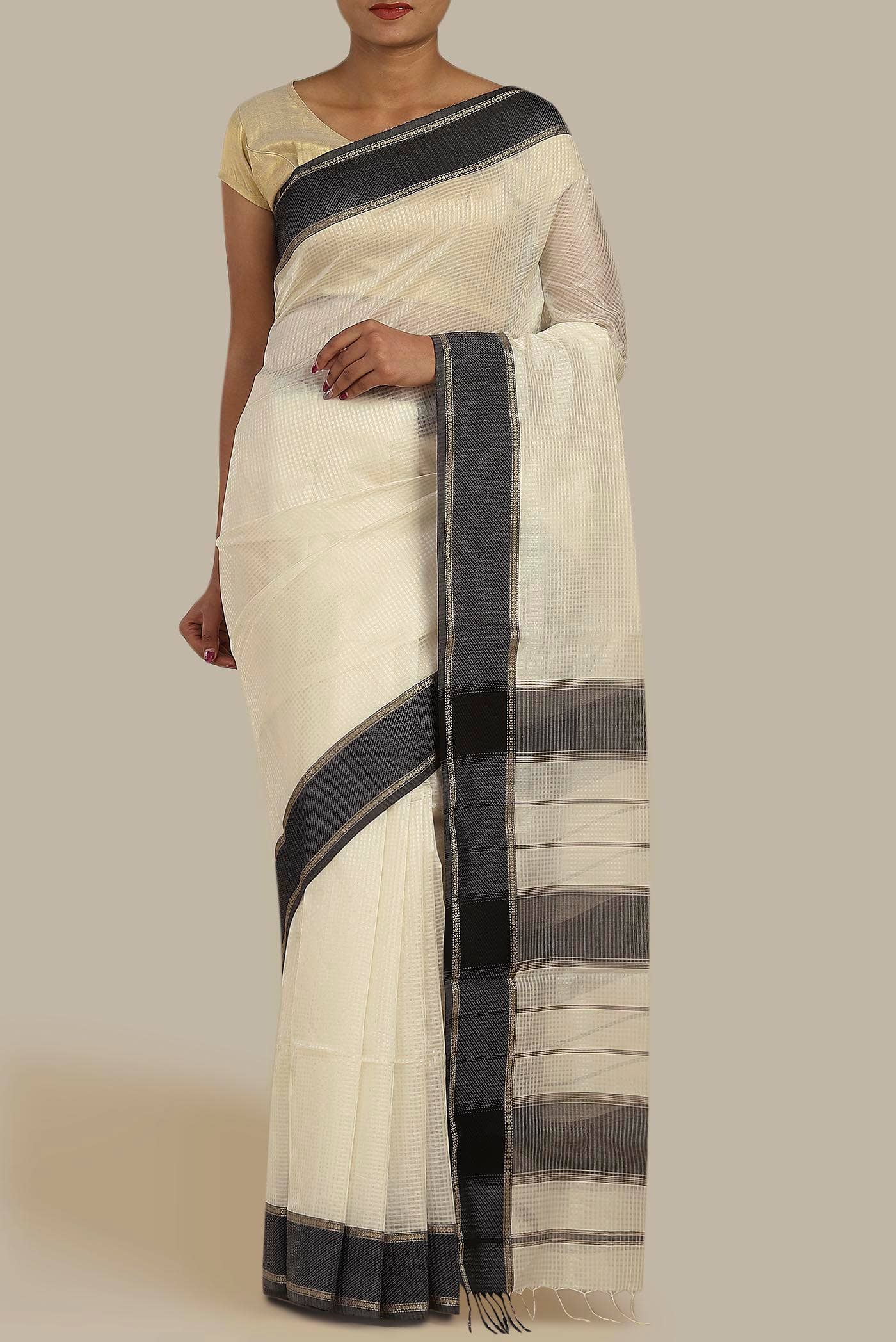 Cream Maheshwari Silk Cotton Saree