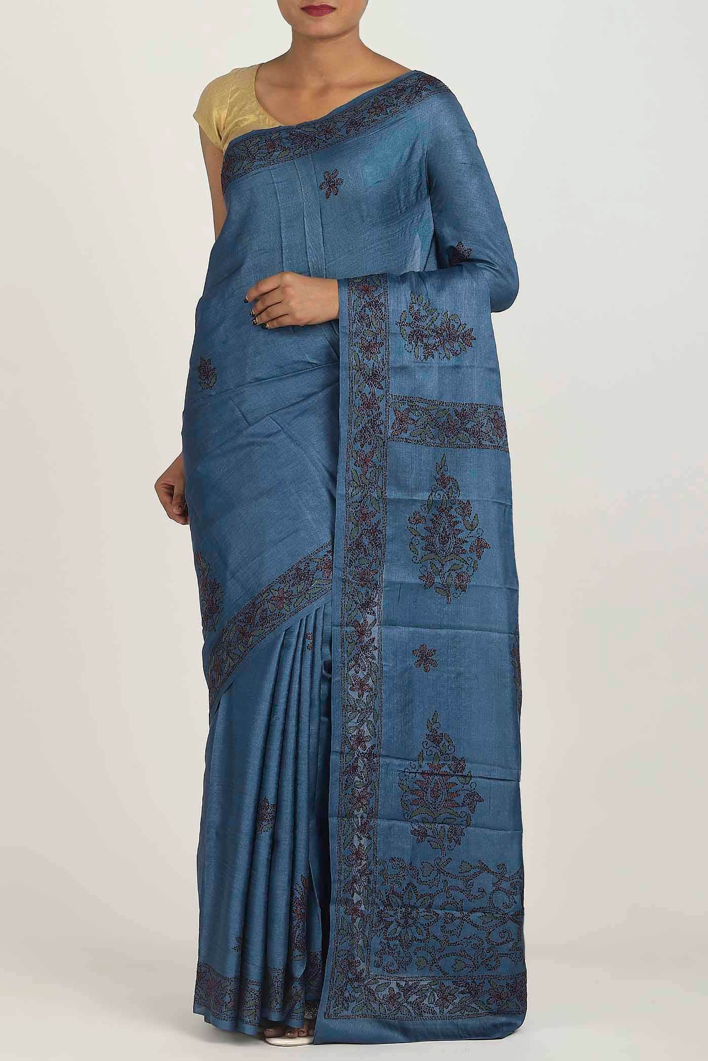 Blue Tussar Silk Saree