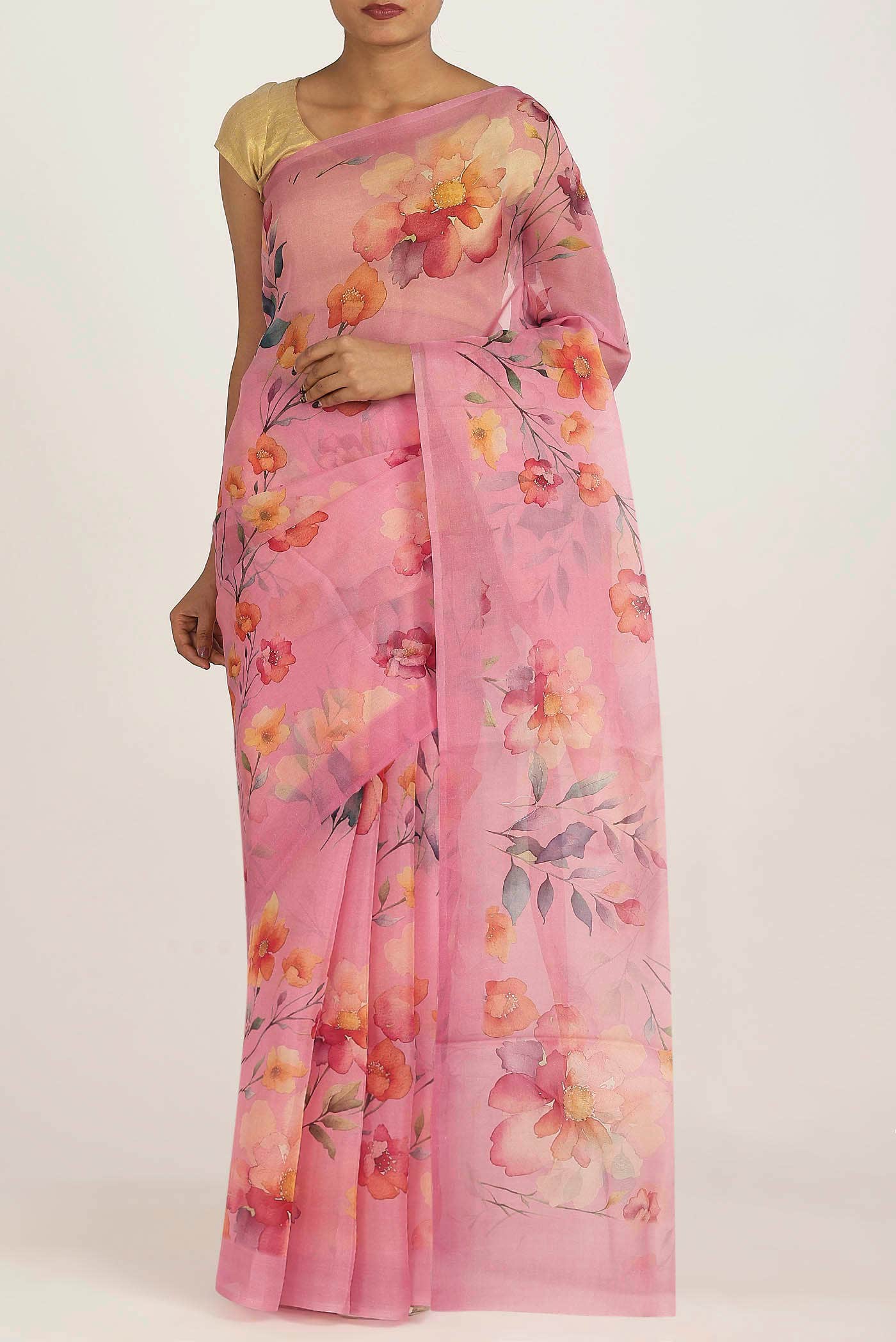 Rose pink Organza Silk Saree
