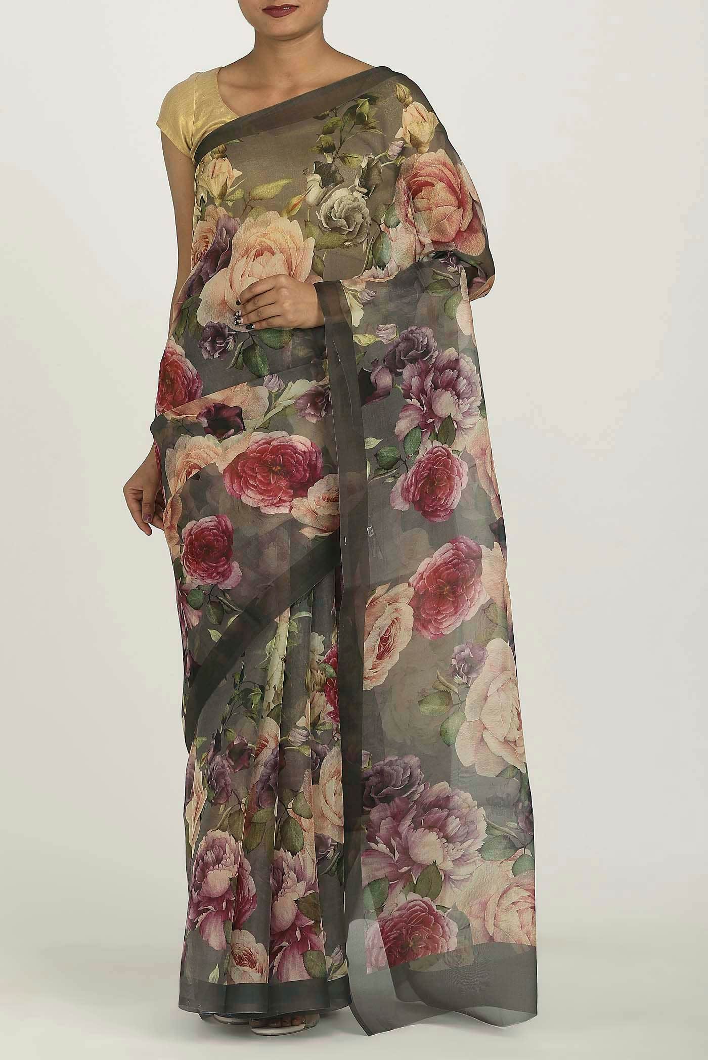 Grey Organza Silk Saree