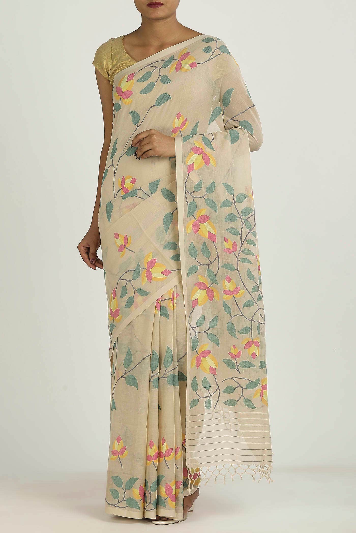 Beige Jute Cotton Saree