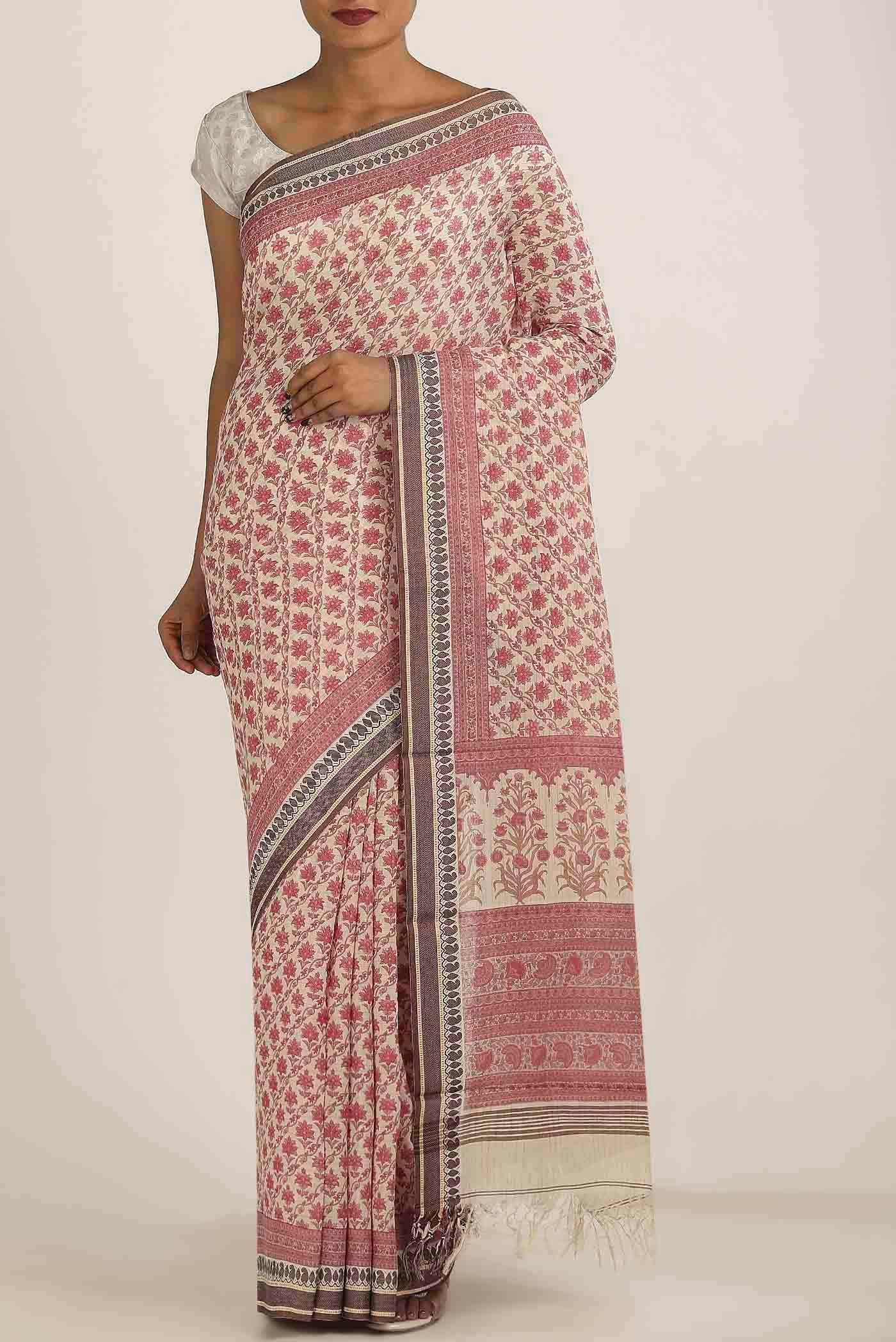 Cream Tussar Silk Saree