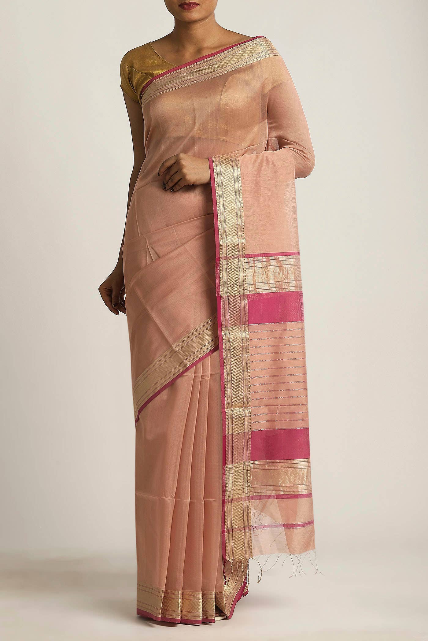 Peach Maheshwari Silk Cotton Saree