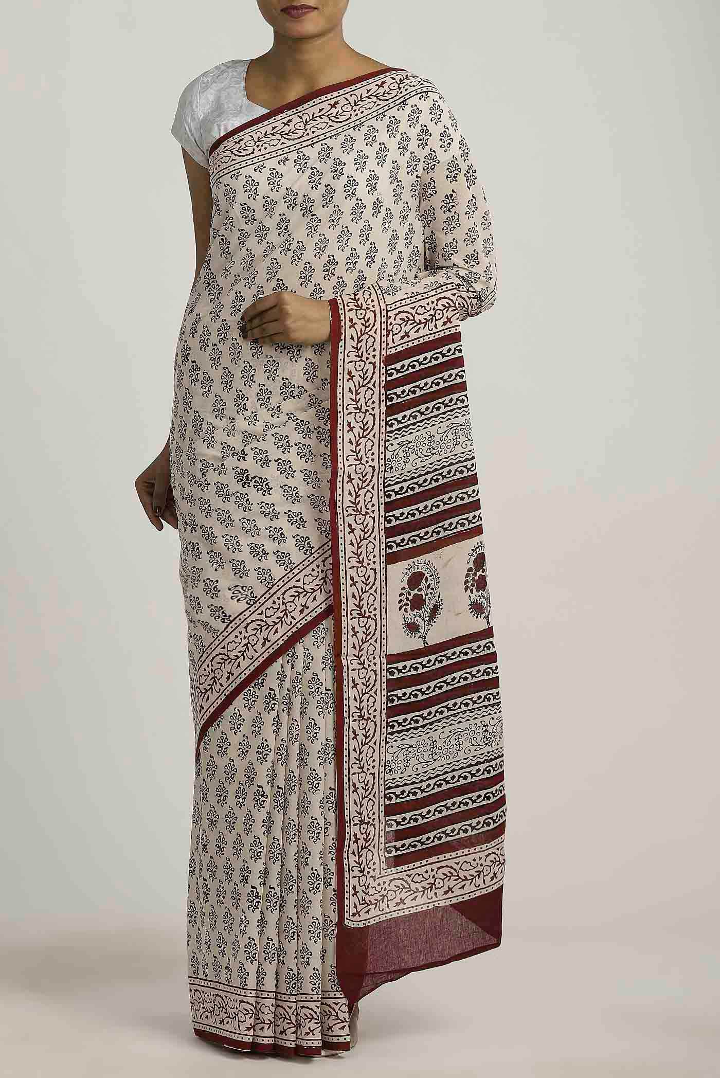 Cream Printed Cotton Saree