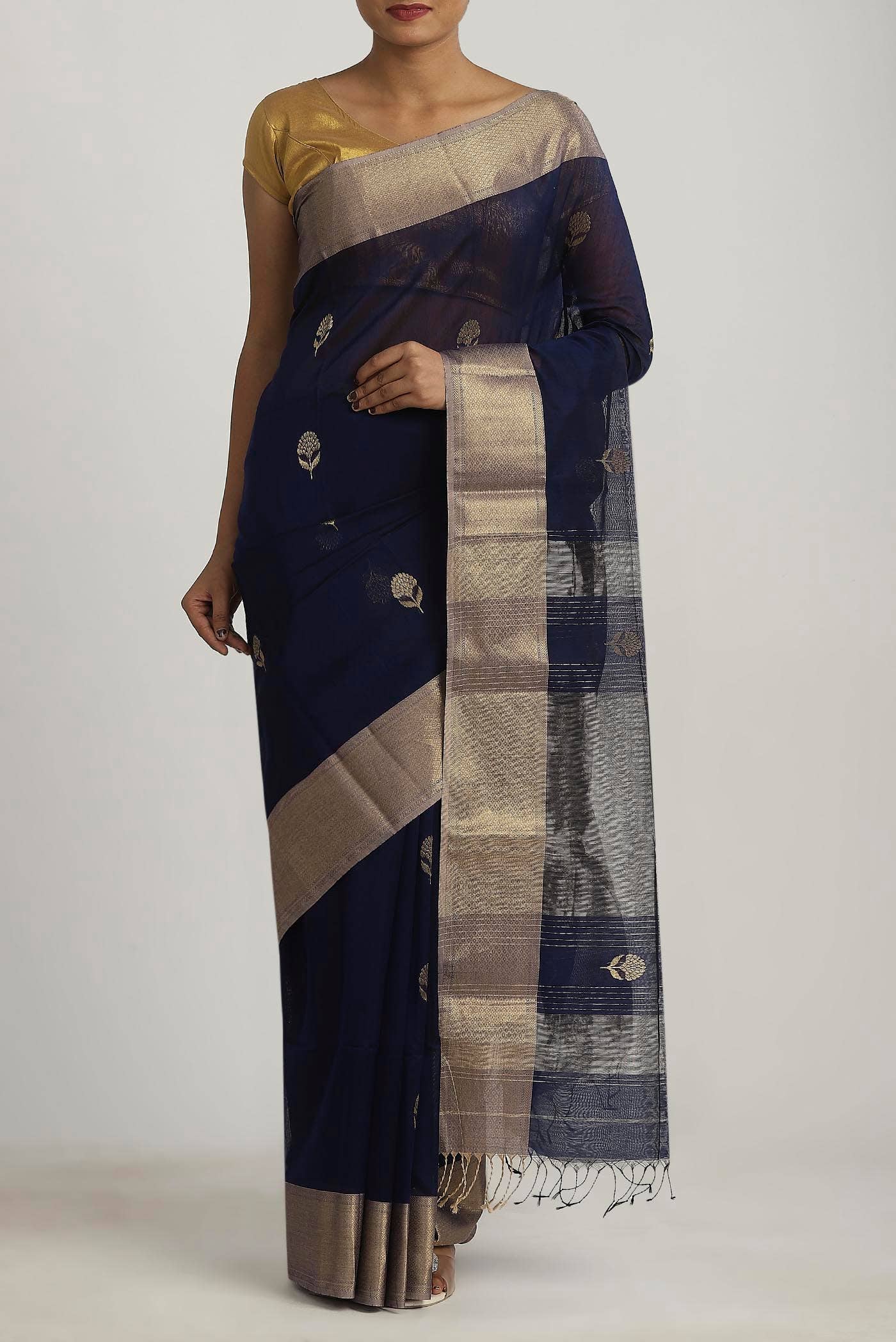 Navy Blue Maheshwari Silk Cotton Saree