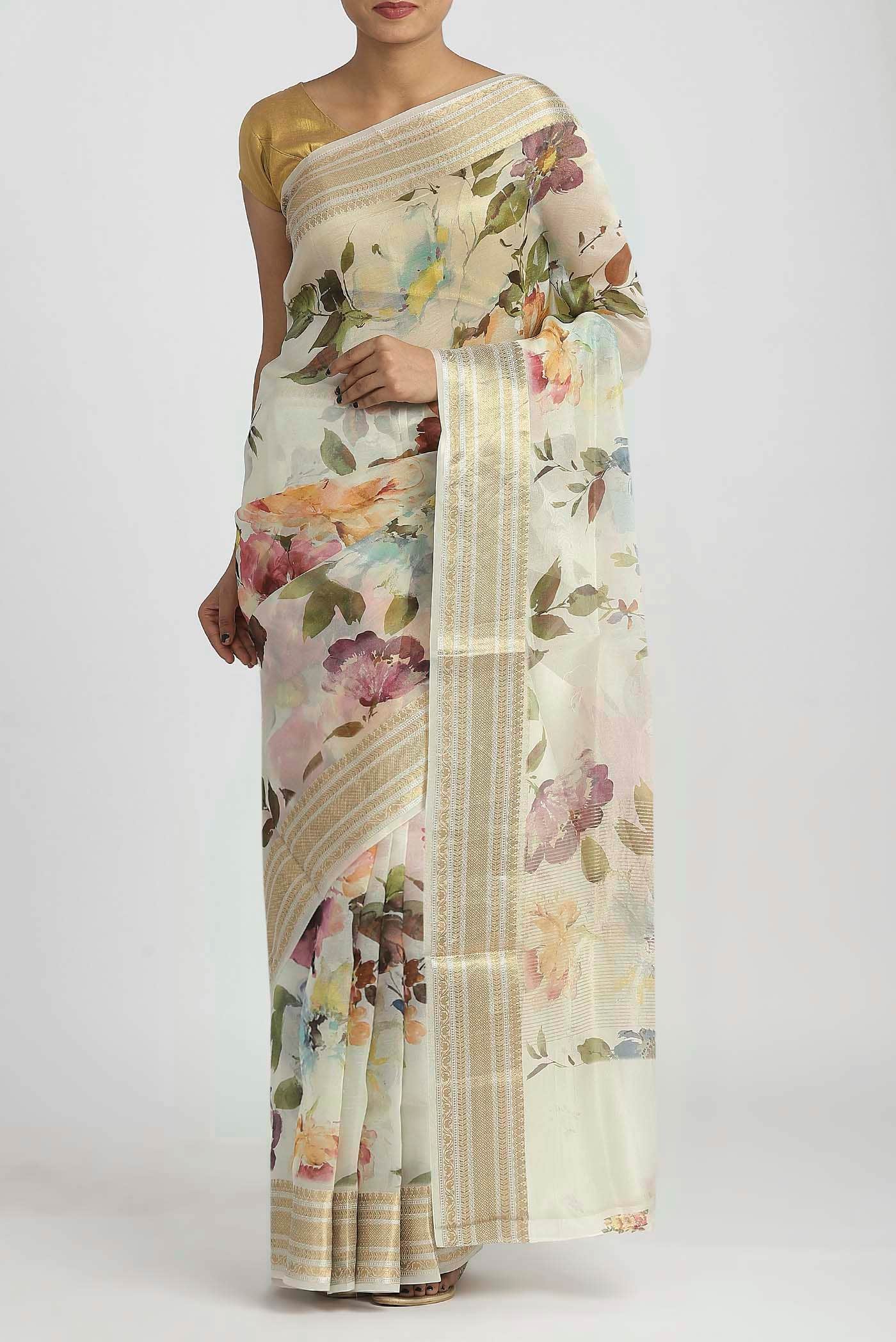 Cream Organza Silk Saree