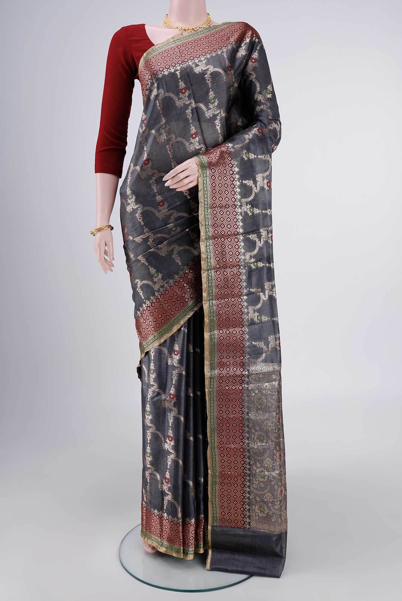 Blue Grey Banarasi Tussar Silk Saree