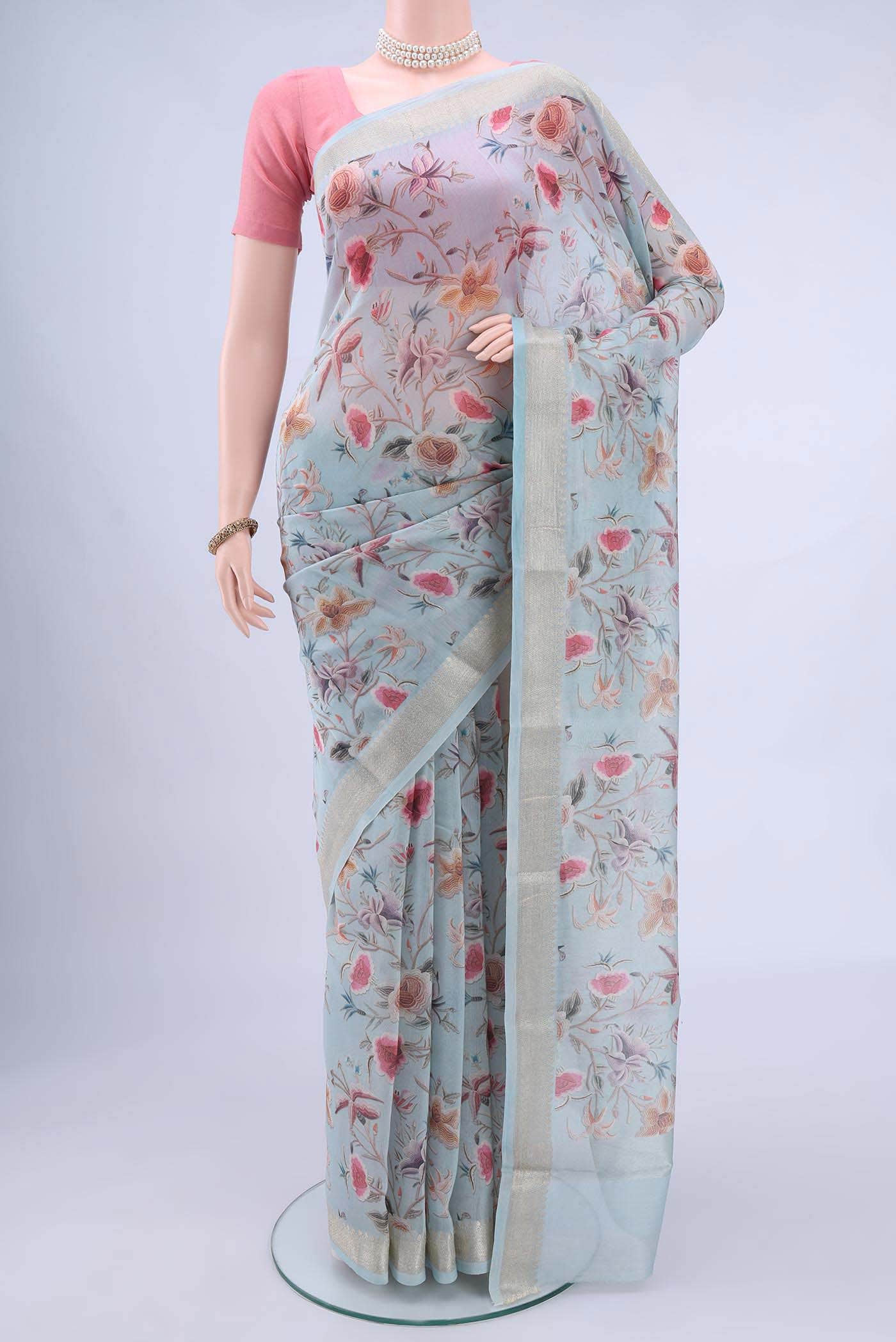 Sky Blue Chanderi Silk Saree