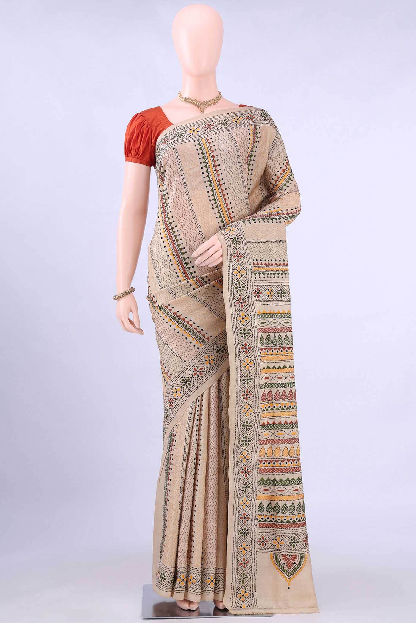 Beige Kantha Silk Saree