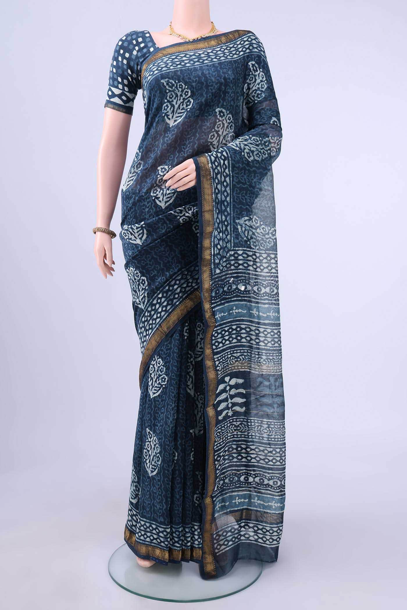 Indigo Maheshwari Silk Cotton Saree