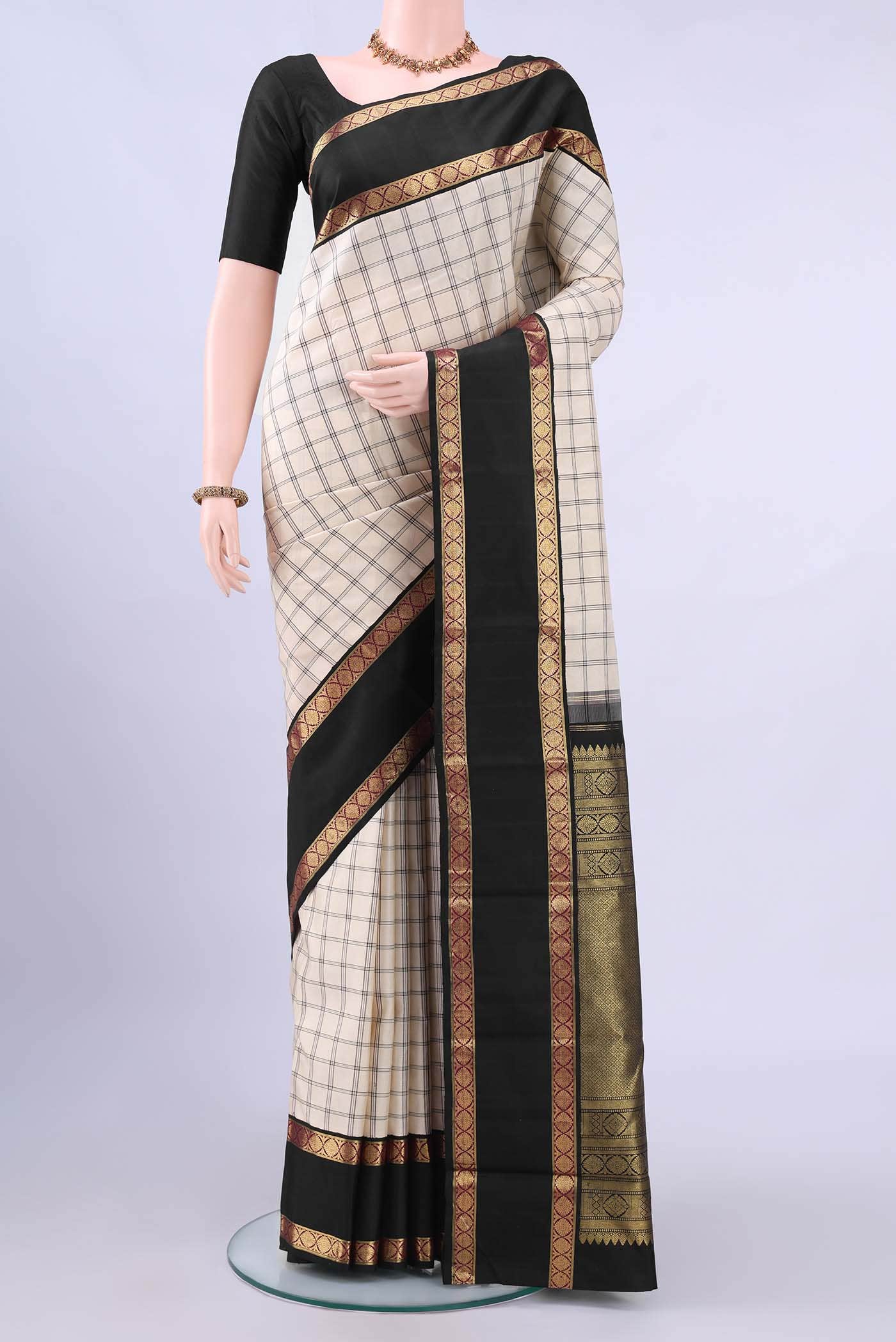 Off White Kanchipuram Silk Saree