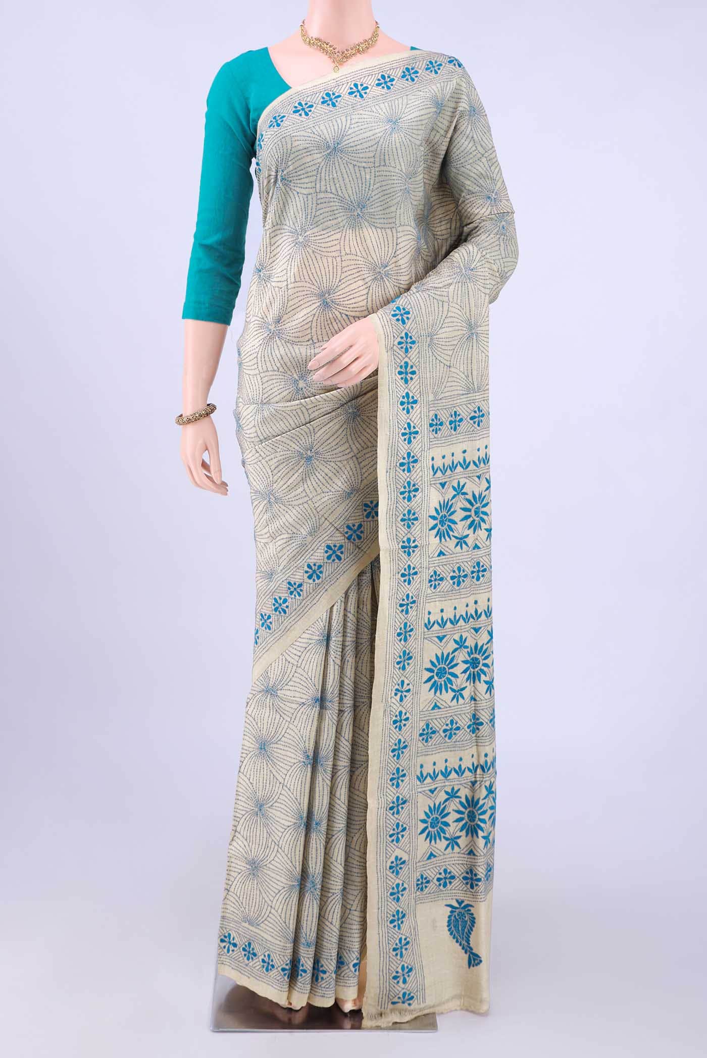 Beige Kantha Silk Saree