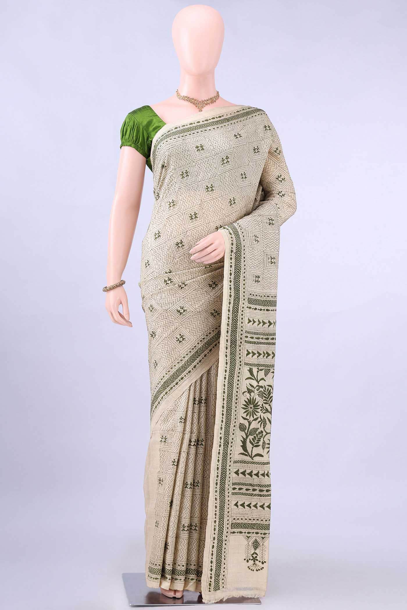 Beige Kantha Silk Saree