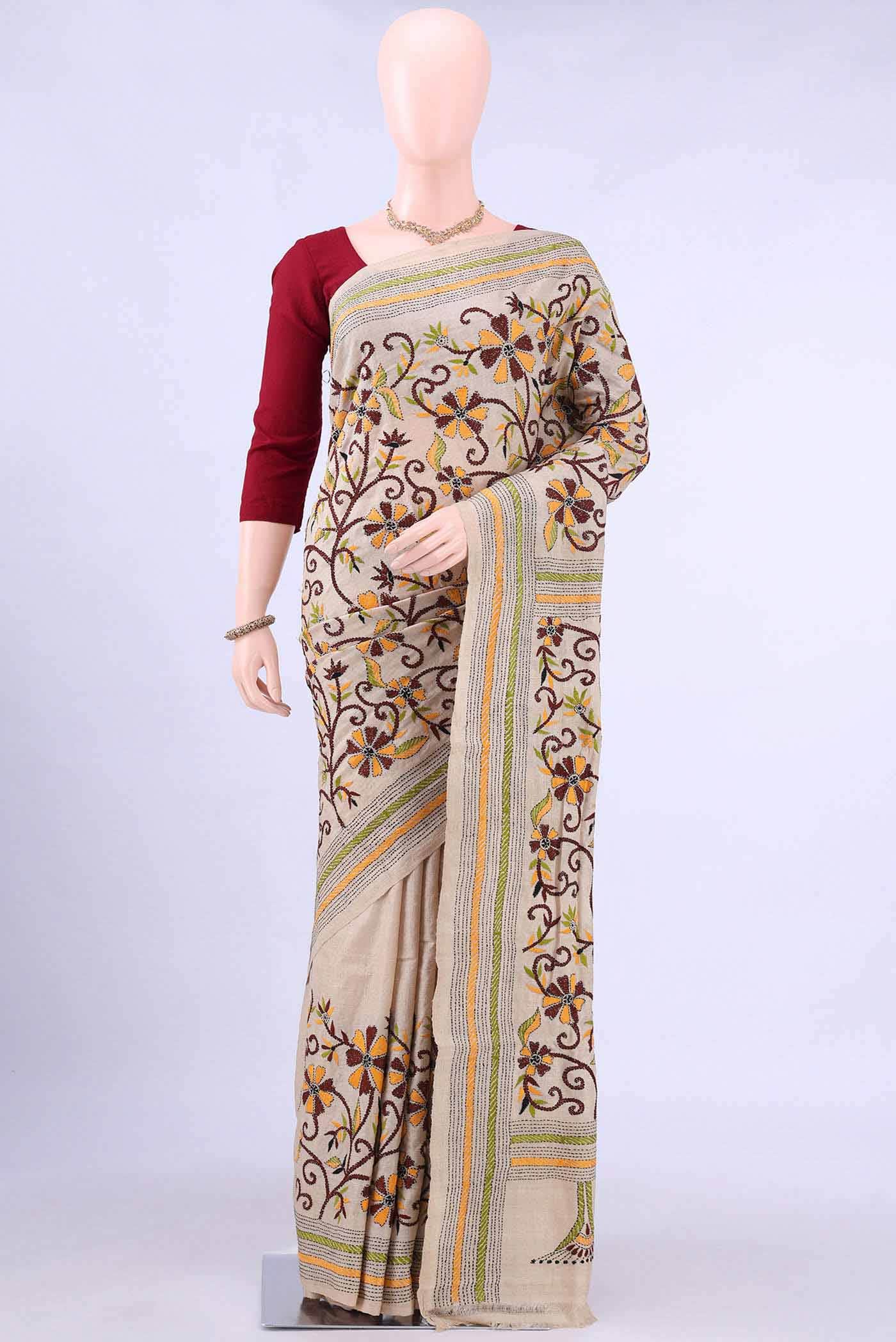 Beige Kantha Silk Saree