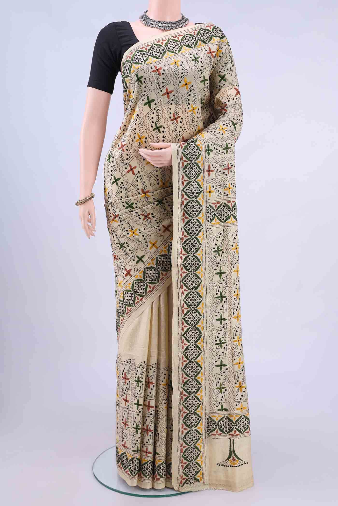 Beige Kantha Silk Saree