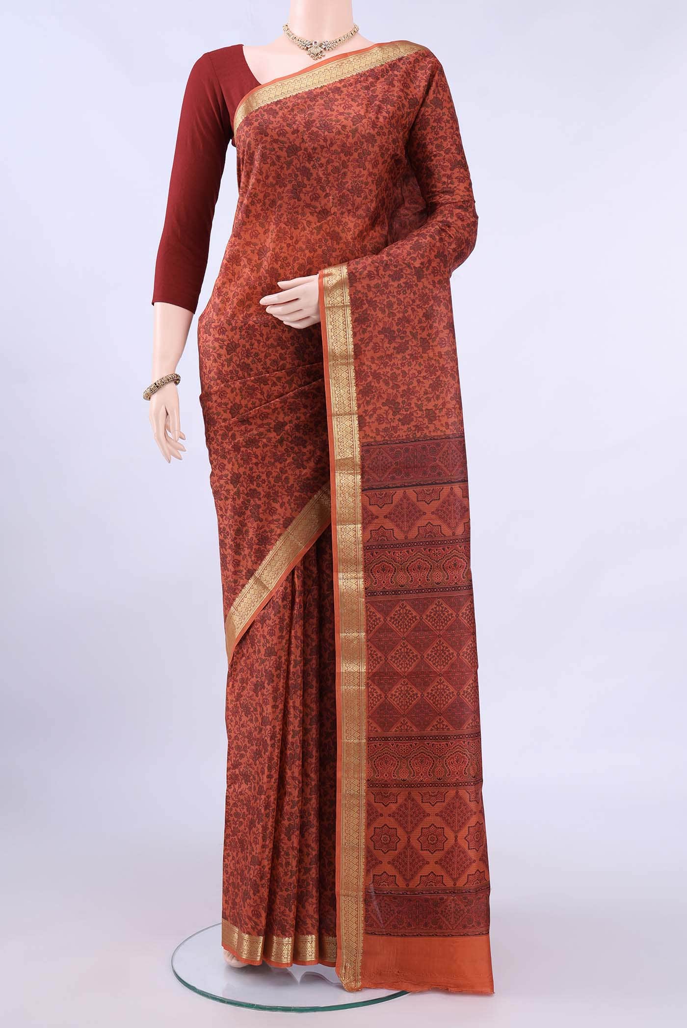 Rust Printed Silk Saree