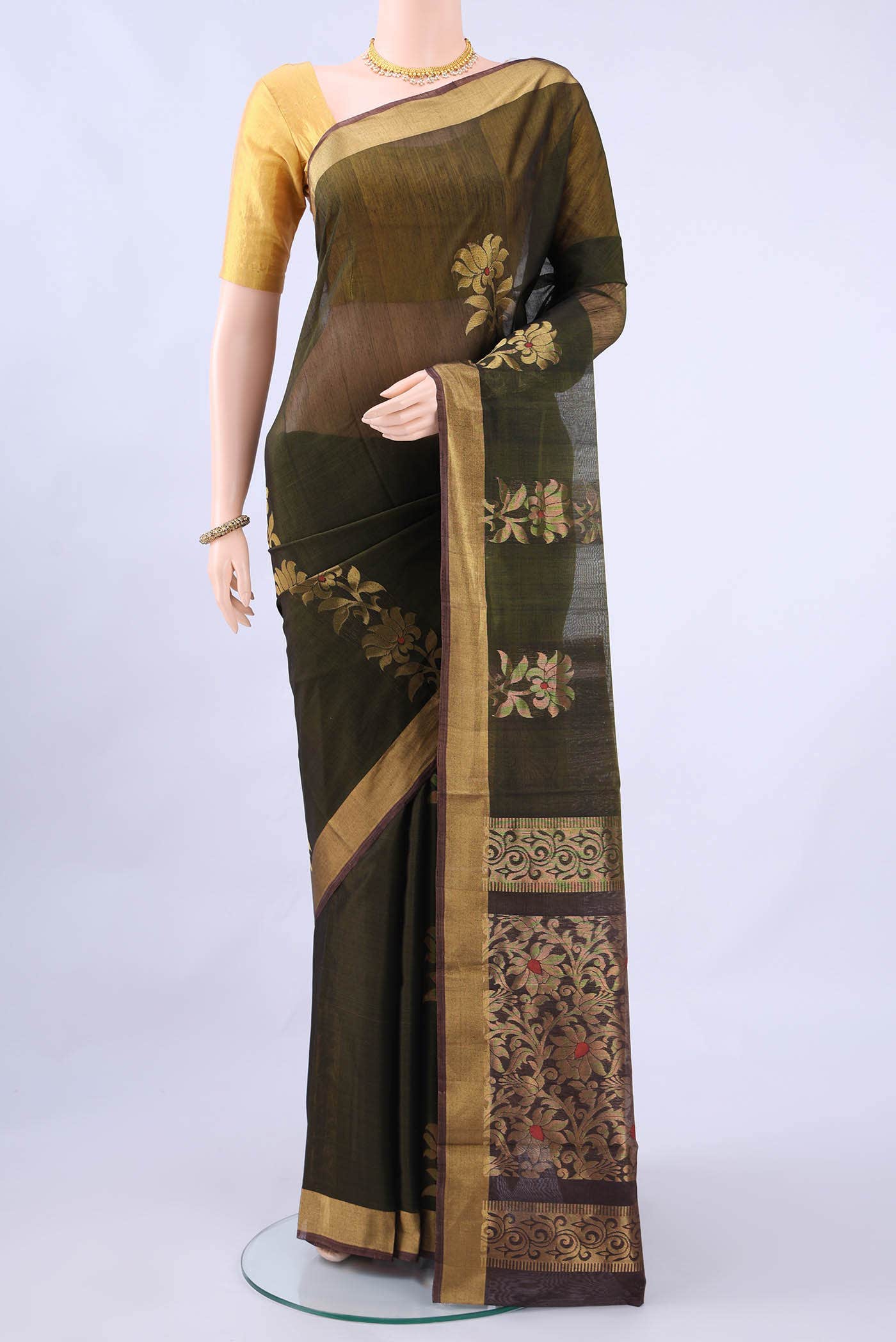 Mehandi Green Kora Cotton Saree